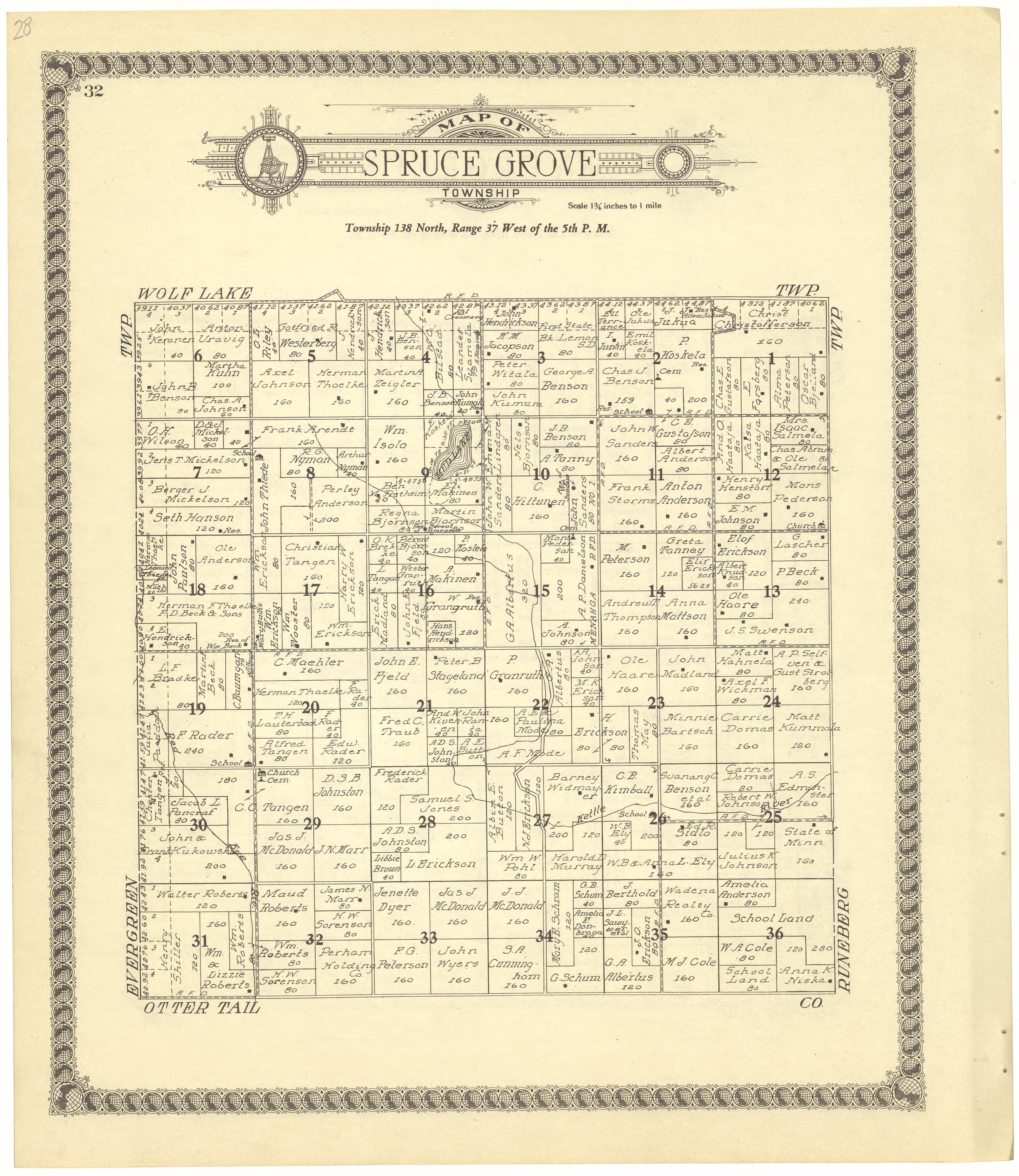 Map of Spruce Grove Township from Standard Atlas of Becker County, Minnesota : Including a Plat Book of the Villages, Cities and Townships of the County, Map of the State, United States and World : Patrons Directory, Reference … 1929 by Relic Map Company
