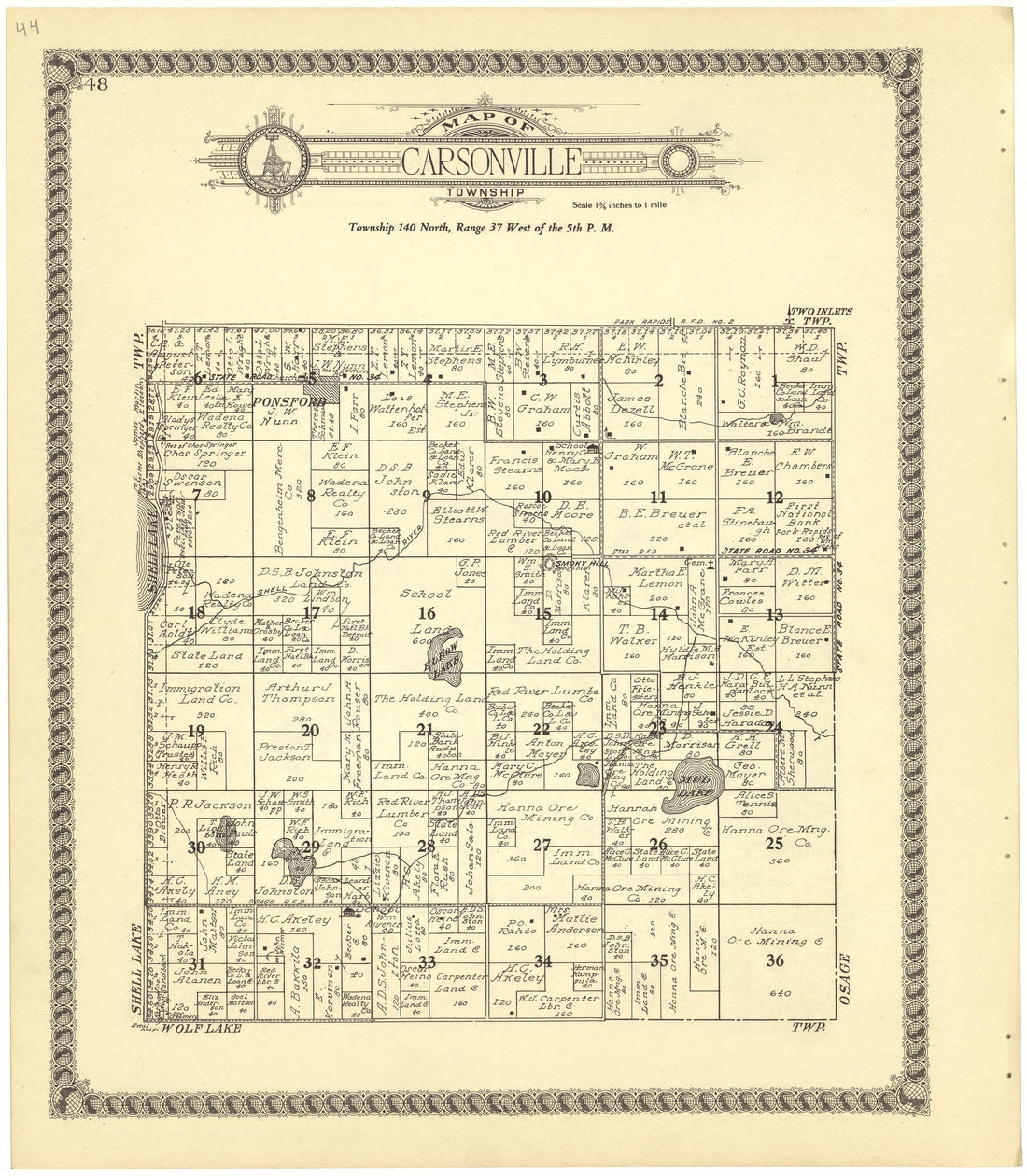 Map of Carsonville Township from Standard Atlas of Becker County, Minnesota : Including a Plat Book of the Villages, Cities and Townships of the County, Map of the State, United States and World : Patrons Directory, Reference … 1929 by Relic Map Company