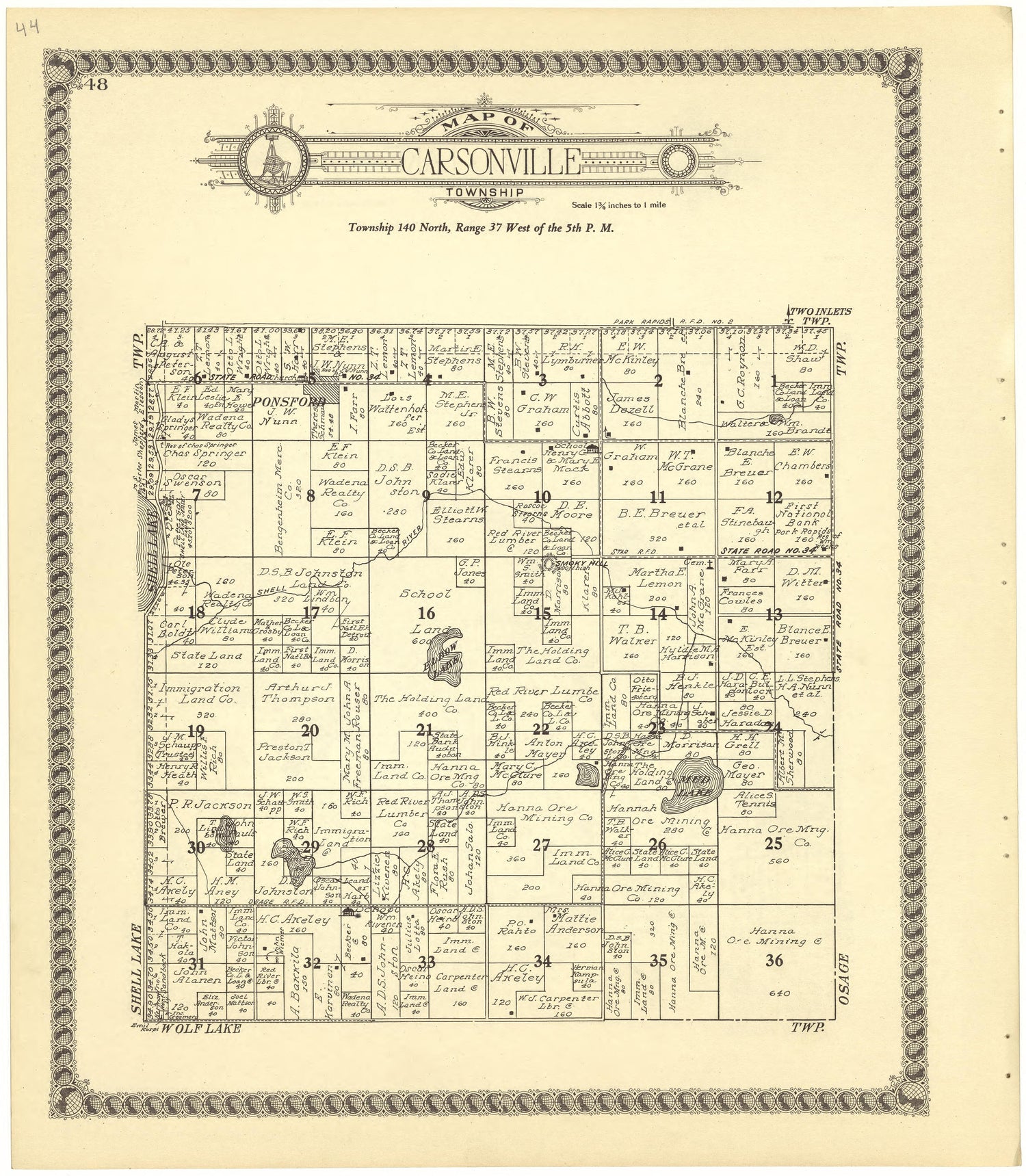 Map of Carsonville Township from Standard Atlas of Becker County, Minnesota : Including a Plat Book of the Villages, Cities and Townships of the County, Map of the State, United States and World : Patrons Directory, Reference … 1929 by Relic Map Company