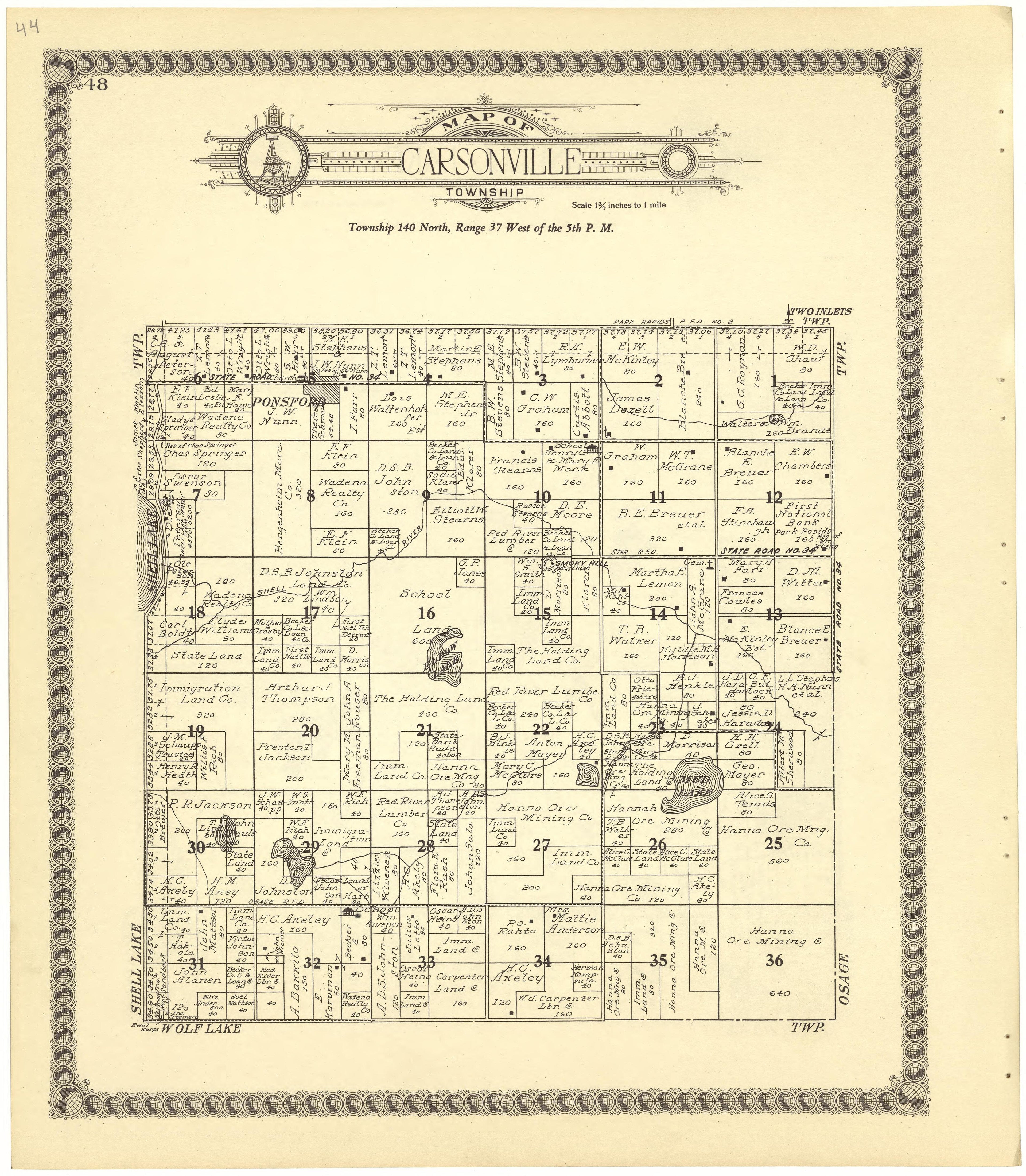 Map of Carsonville Township from Standard Atlas of Becker County, Minnesota : Including a Plat Book of the Villages, Cities and Townships of the County, Map of the State, United States and World : Patrons Directory, Reference … 1929 by Relic Map Company