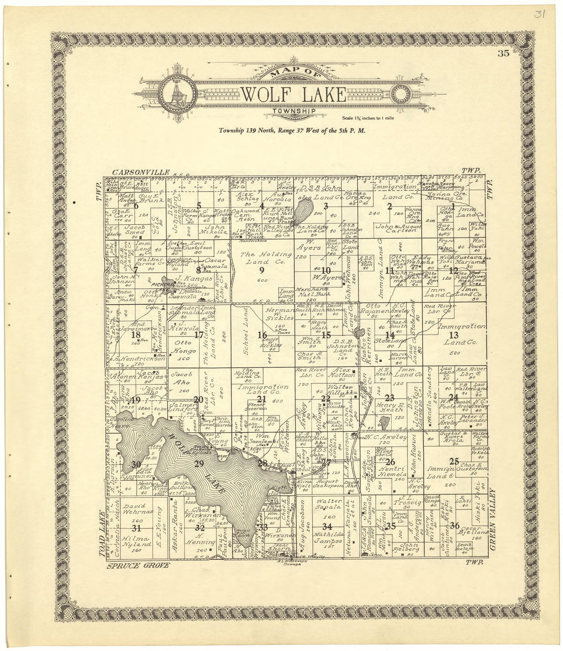 Map of Wolf Lake Township from Standard Atlas of Becker County, Minnesota : Including a Plat Book of the Villages, Cities and Townships of the County, Map of the State, United States and World : Patrons Directory, Reference … 1929 by Relic Map Company