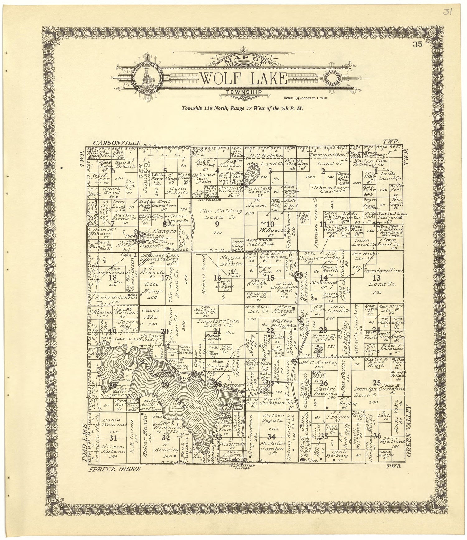 Map of Wolf Lake Township from Standard Atlas of Becker County, Minnesota : Including a Plat Book of the Villages, Cities and Townships of the County, Map of the State, United States and World : Patrons Directory, Reference … 1929 by Relic Map Company