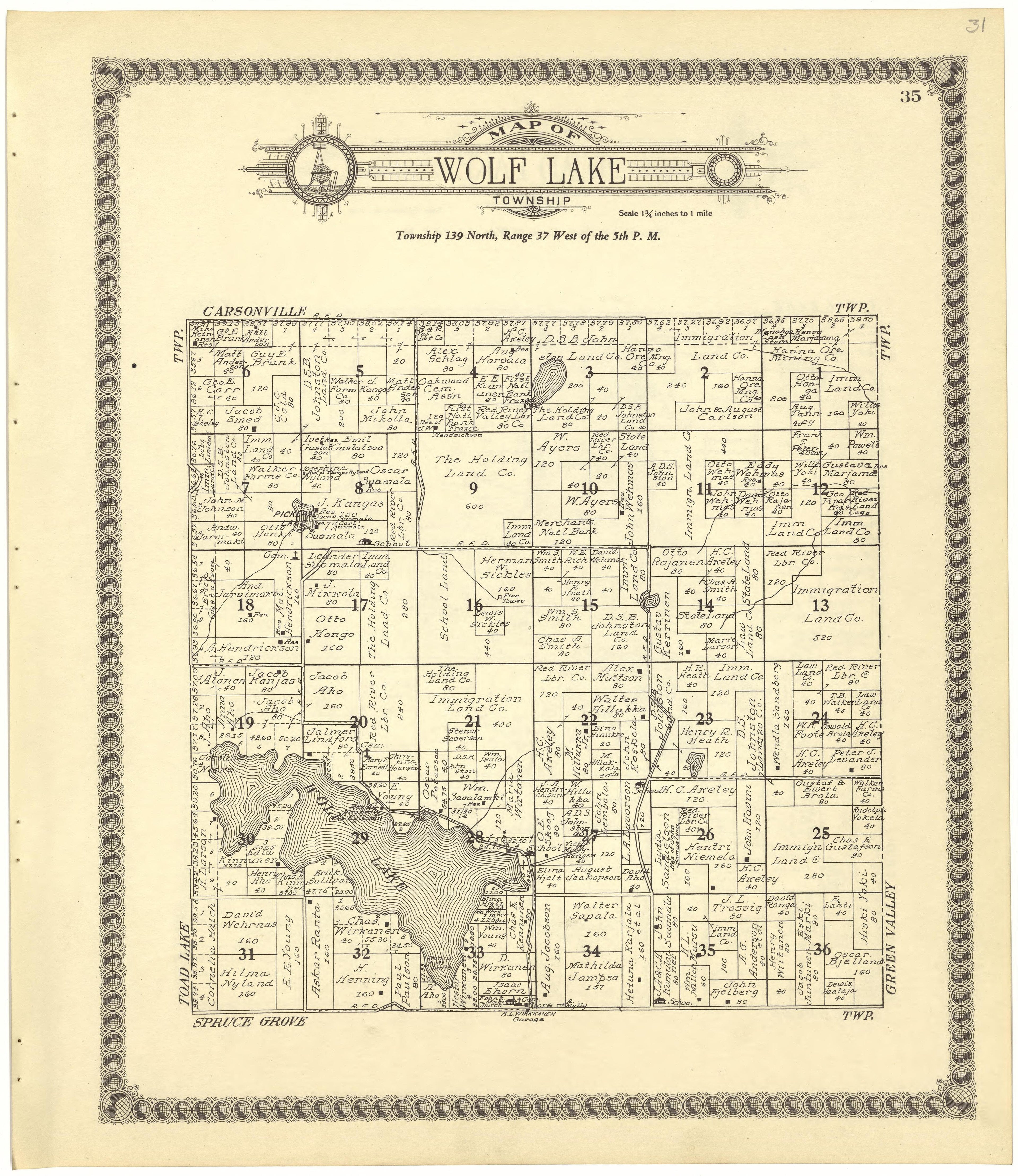 Map of Wolf Lake Township from Standard Atlas of Becker County, Minnesota : Including a Plat Book of the Villages, Cities and Townships of the County, Map of the State, United States and World : Patrons Directory, Reference … 1929 by Relic Map Company