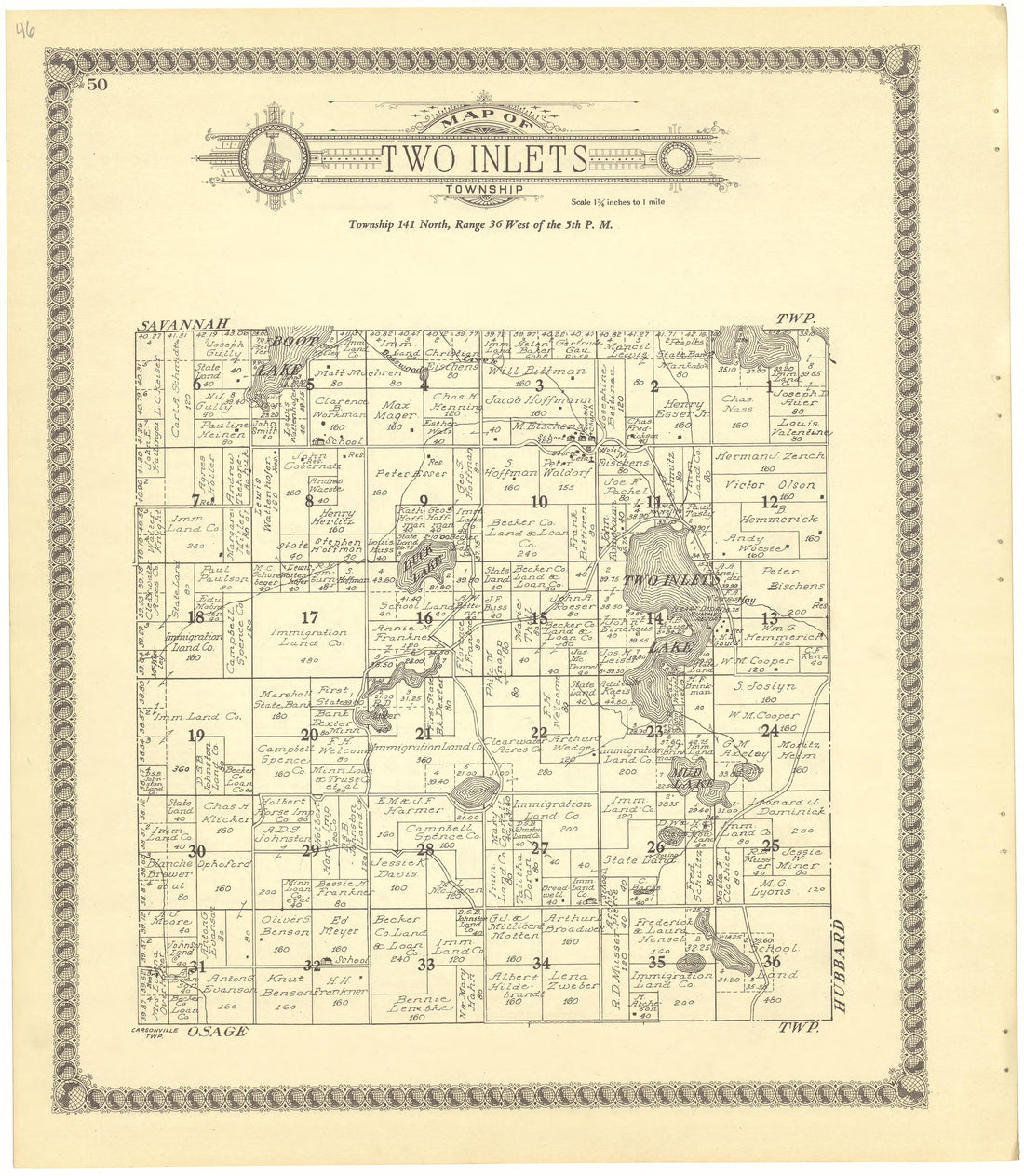 Map of Two Inlets Township from Standard Atlas of Becker County, Minnesota : Including a Plat Book of the Villages, Cities and Townships of the County, Map of the State, United States and World : Patrons Directory, Reference … 1929 by Relic Map Company