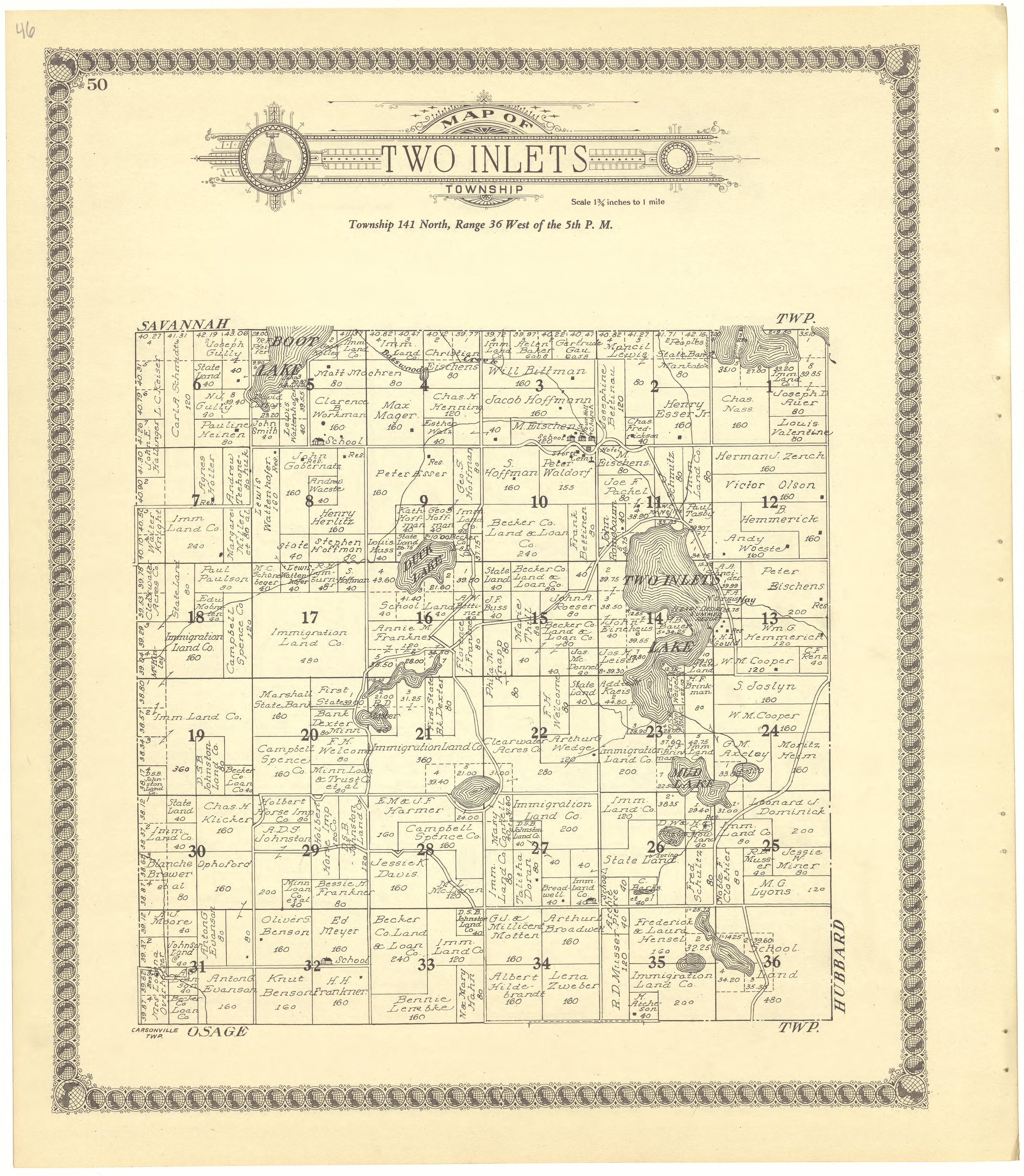 Map of Two Inlets Township from Standard Atlas of Becker County, Minnesota : Including a Plat Book of the Villages, Cities and Townships of the County, Map of the State, United States and World : Patrons Directory, Reference … 1929 by Relic Map Company