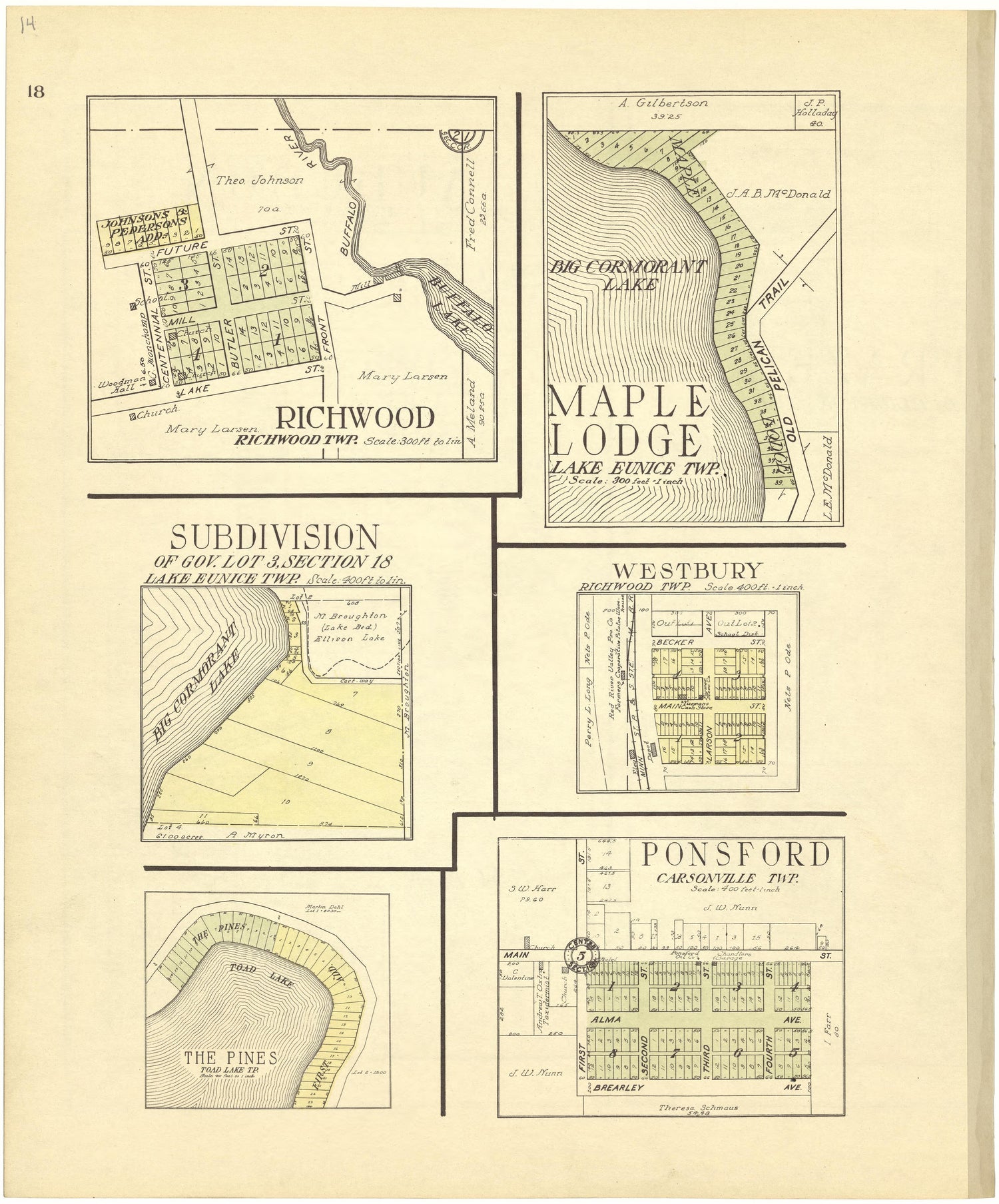 Richwood; Maple Lodge; Westbury; Ponsford from Standard Atlas of Becker County, Minnesota : Including a Plat Book of the Villages, Cities and Townships of the County, Map of the State, United States and World : Patrons Directory, Reference … 1929 by Relic Map Company