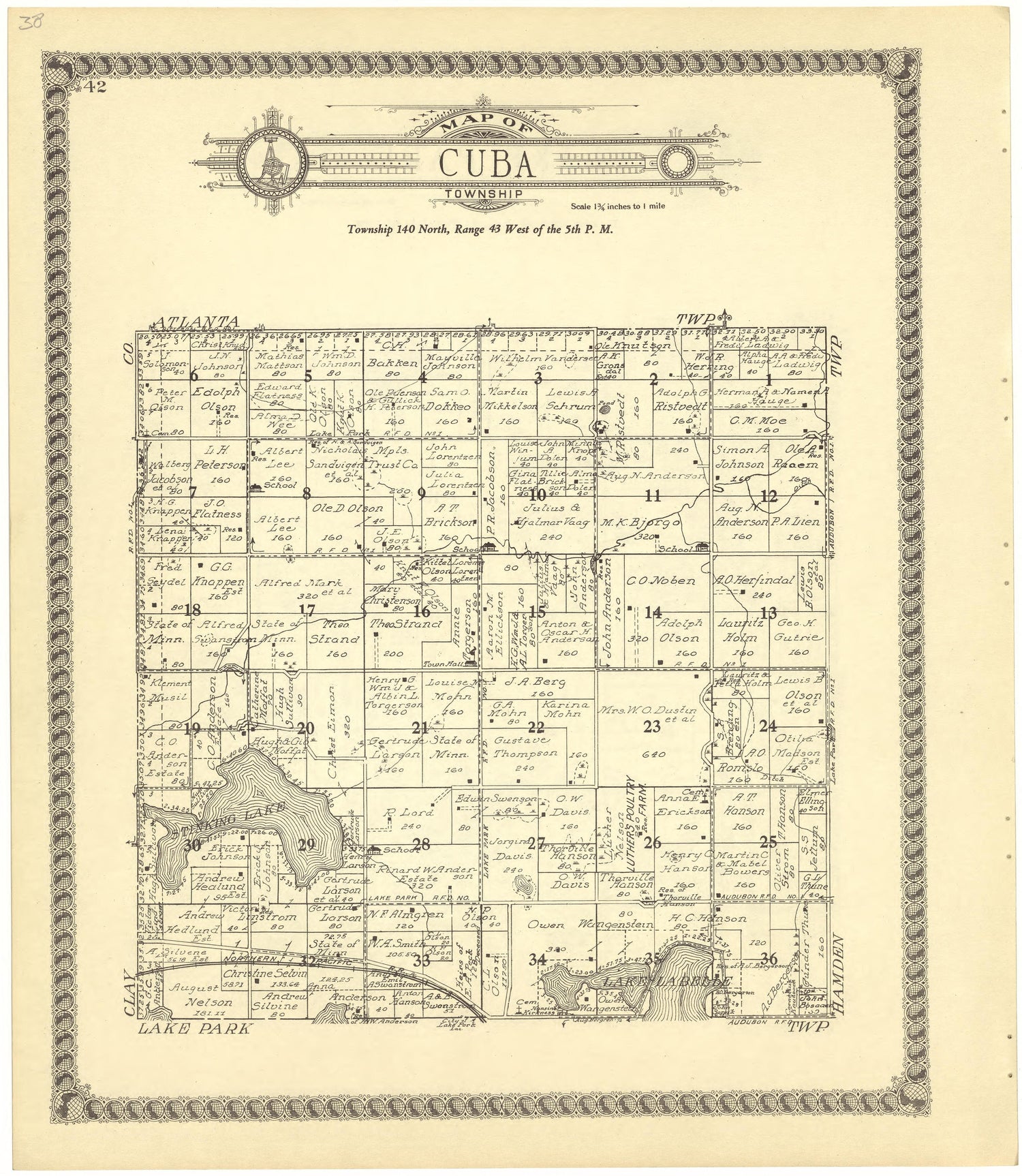 Map of Cuba Township from Standard Atlas of Becker County, Minnesota : Including a Plat Book of the Villages, Cities and Townships of the County, Map of the State, United States and World : Patrons Directory, Reference … 1929 by Relic Map Company