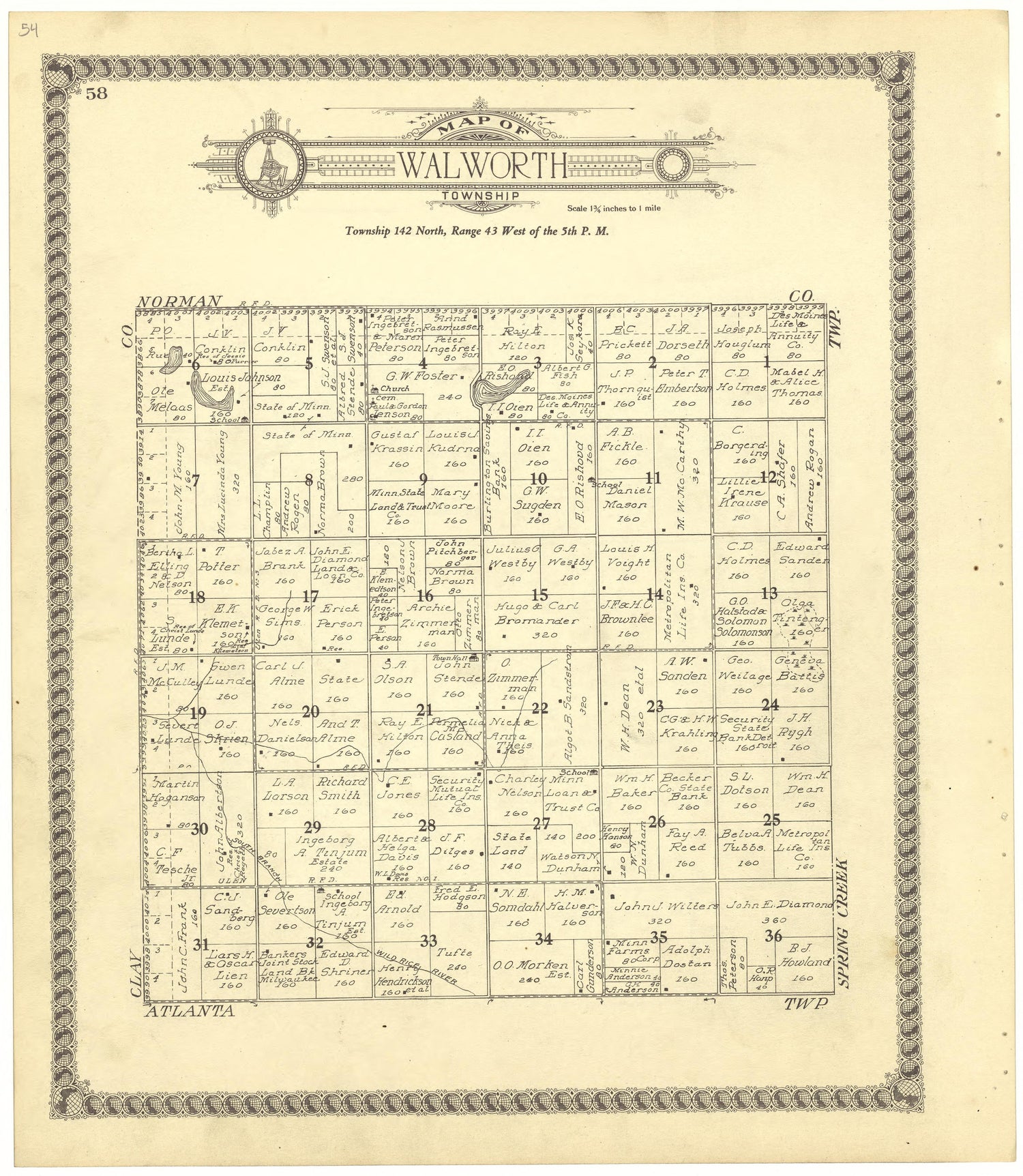 Map of Walworth Township from Standard Atlas of Becker County, Minnesota : Including a Plat Book of the Villages, Cities and Townships of the County, Map of the State, United States and World : Patrons Directory, Reference … 1929 by Relic Map Company