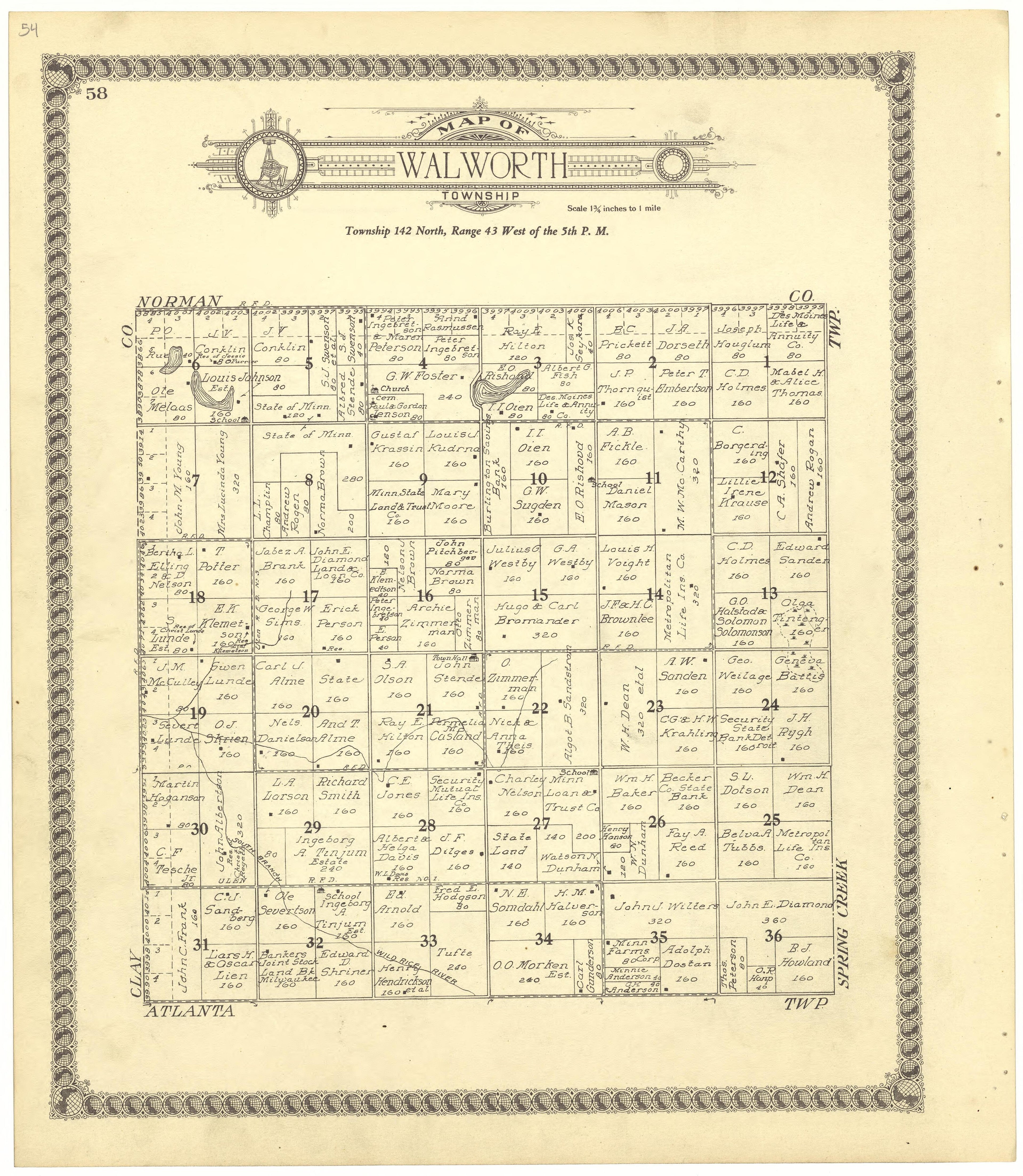 Map of Walworth Township from Standard Atlas of Becker County, Minnesota : Including a Plat Book of the Villages, Cities and Townships of the County, Map of the State, United States and World : Patrons Directory, Reference … 1929 by Relic Map Company