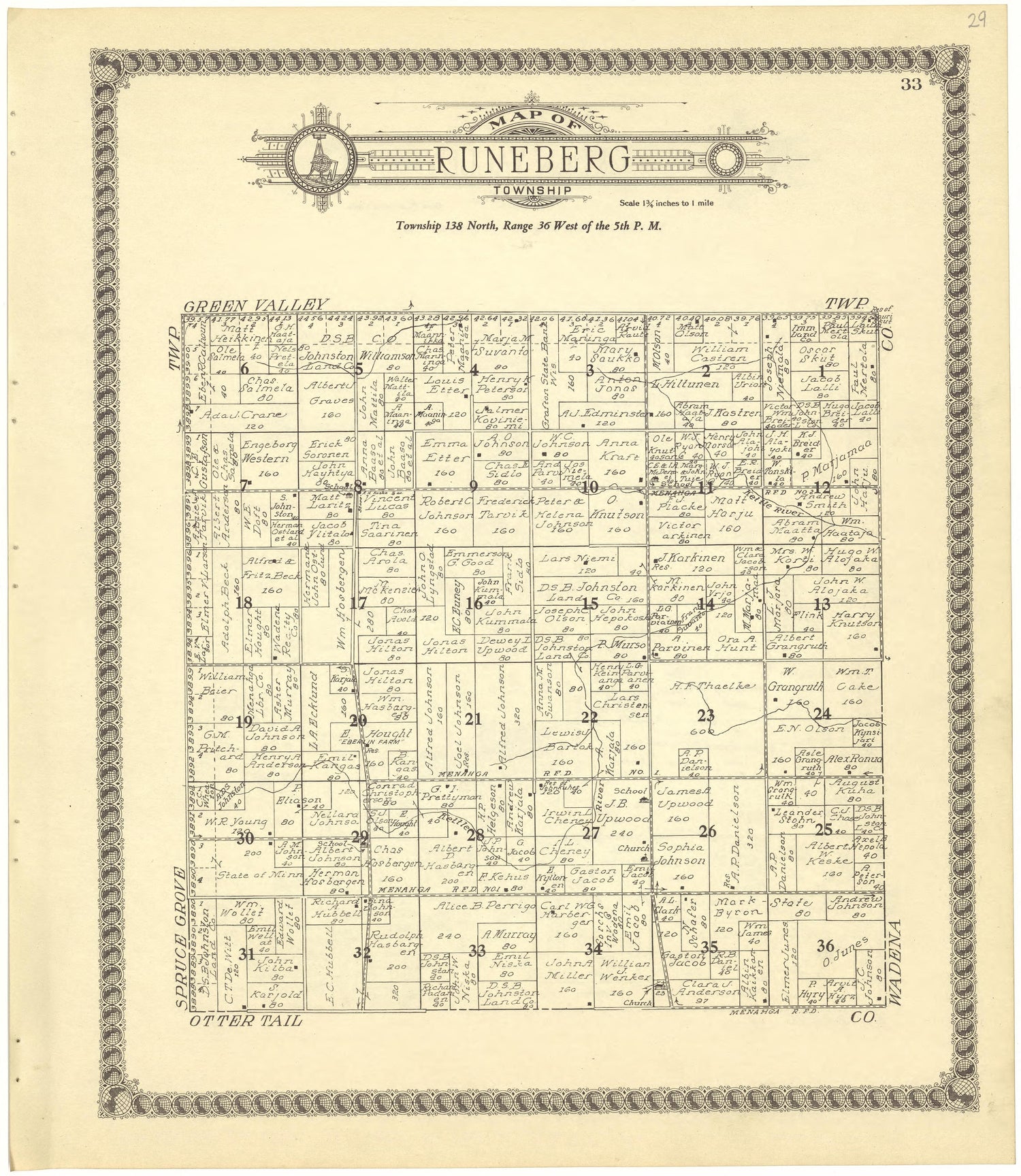 Map of Runeberg Township from Standard Atlas of Becker County, Minnesota : Including a Plat Book of the Villages, Cities and Townships of the County, Map of the State, United States and World : Patrons Directory, Reference … 1929 by Relic Map Company