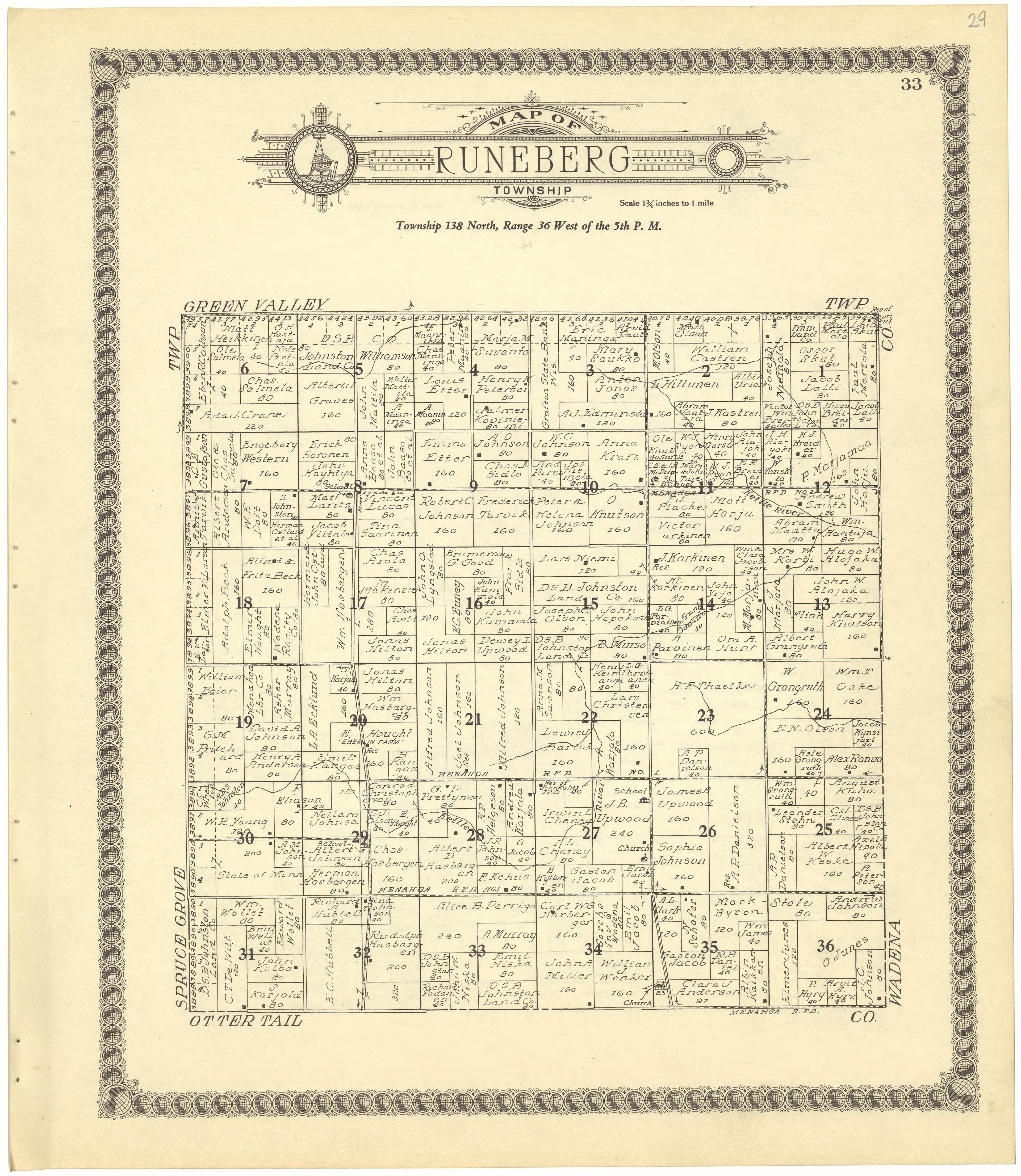 Map of Runeberg Township from Standard Atlas of Becker County, Minnesota : Including a Plat Book of the Villages, Cities and Townships of the County, Map of the State, United States and World : Patrons Directory, Reference … 1929 by Relic Map Company