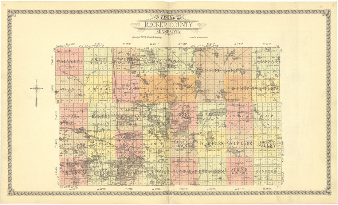 Outline Map of Becker County, Minnesota from Standard Atlas of Becker County, Minnesota : Including a Plat Book of the Villages, Cities and Townships of the County, Map of the State, United States and World : Patrons Directory, Reference … 1929 by Relic Map Company