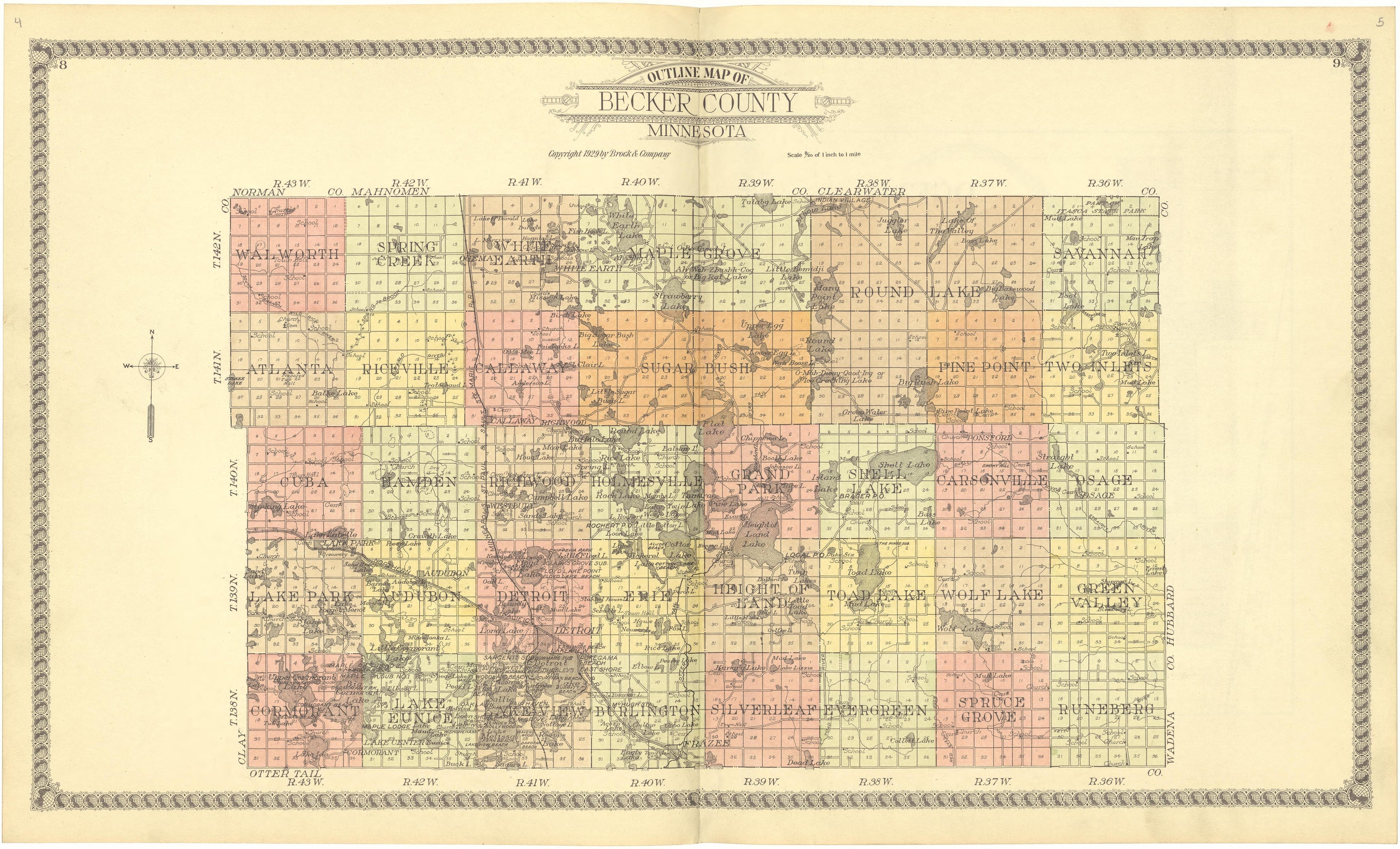 Outline Map of Becker County, Minnesota from Standard Atlas of Becker County, Minnesota : Including a Plat Book of the Villages, Cities and Townships of the County, Map of the State, United States and World : Patrons Directory, Reference … 1929 by Relic Map Company