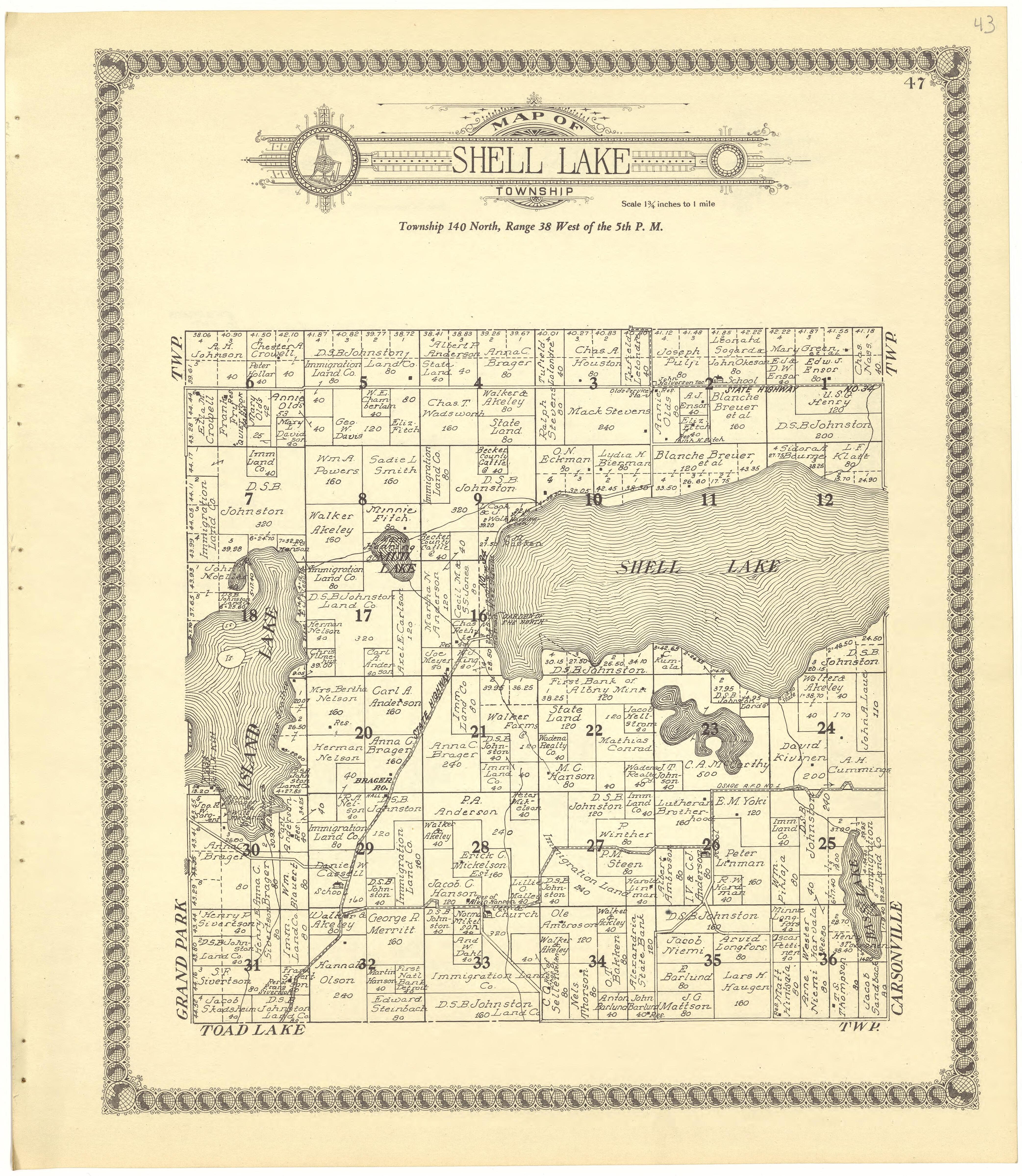 Old Map of Becker County, Minnesota, [1929] Map of Shell Lake Township ...