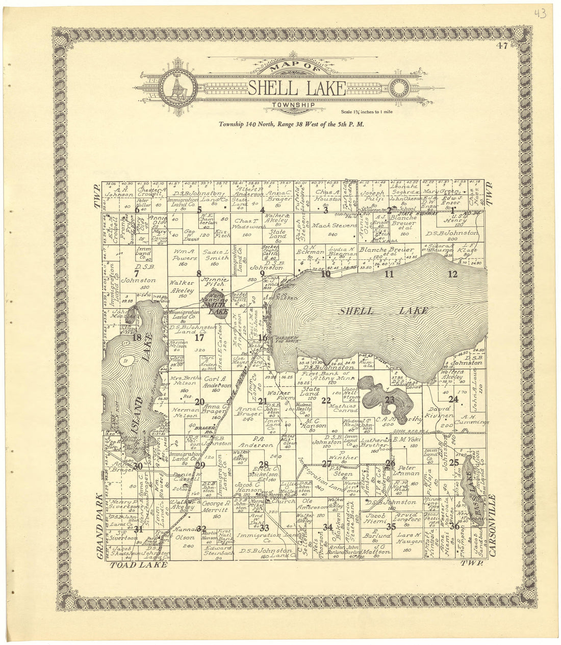 Map of Shell Lake Township from Standard Atlas of Becker County, Minnesota : Including a Plat Book of the Villages, Cities and Townships of the County, Map of the State, United States and World : Patrons Directory, Reference … 1929 by Relic Map Company