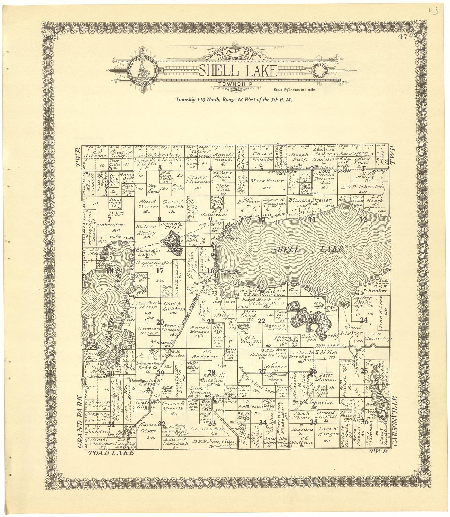 Map of Shell Lake Township from Standard Atlas of Becker County, Minnesota : Including a Plat Book of the Villages, Cities and Townships of the County, Map of the State, United States and World : Patrons Directory, Reference … 1929 by Relic Map Company