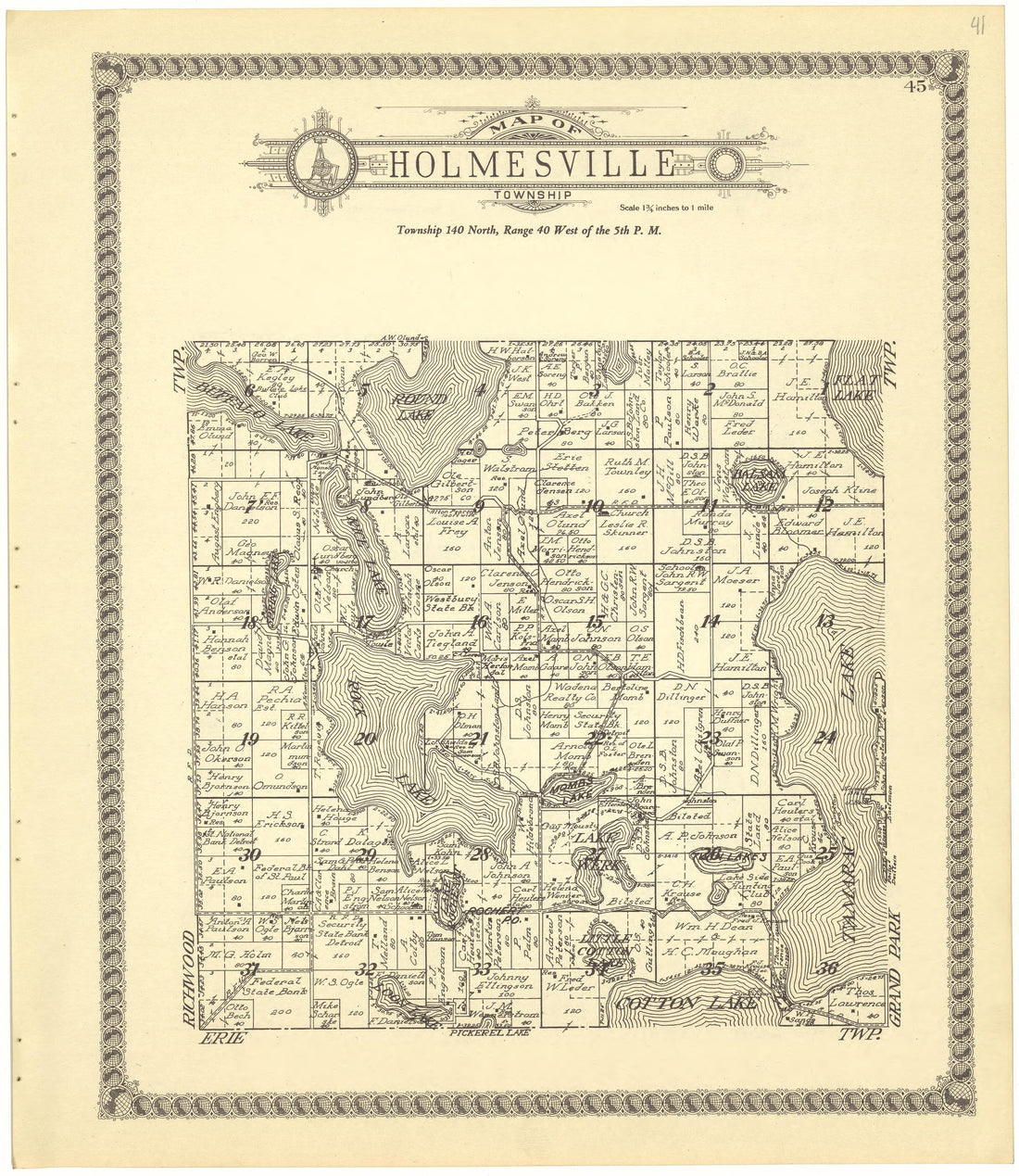 Map of Holmesville Township from Standard Atlas of Becker County, Minnesota : Including a Plat Book of the Villages, Cities and Townships of the County, Map of the State, United States and World : Patrons Directory, Reference … 1929 by Relic Map Company