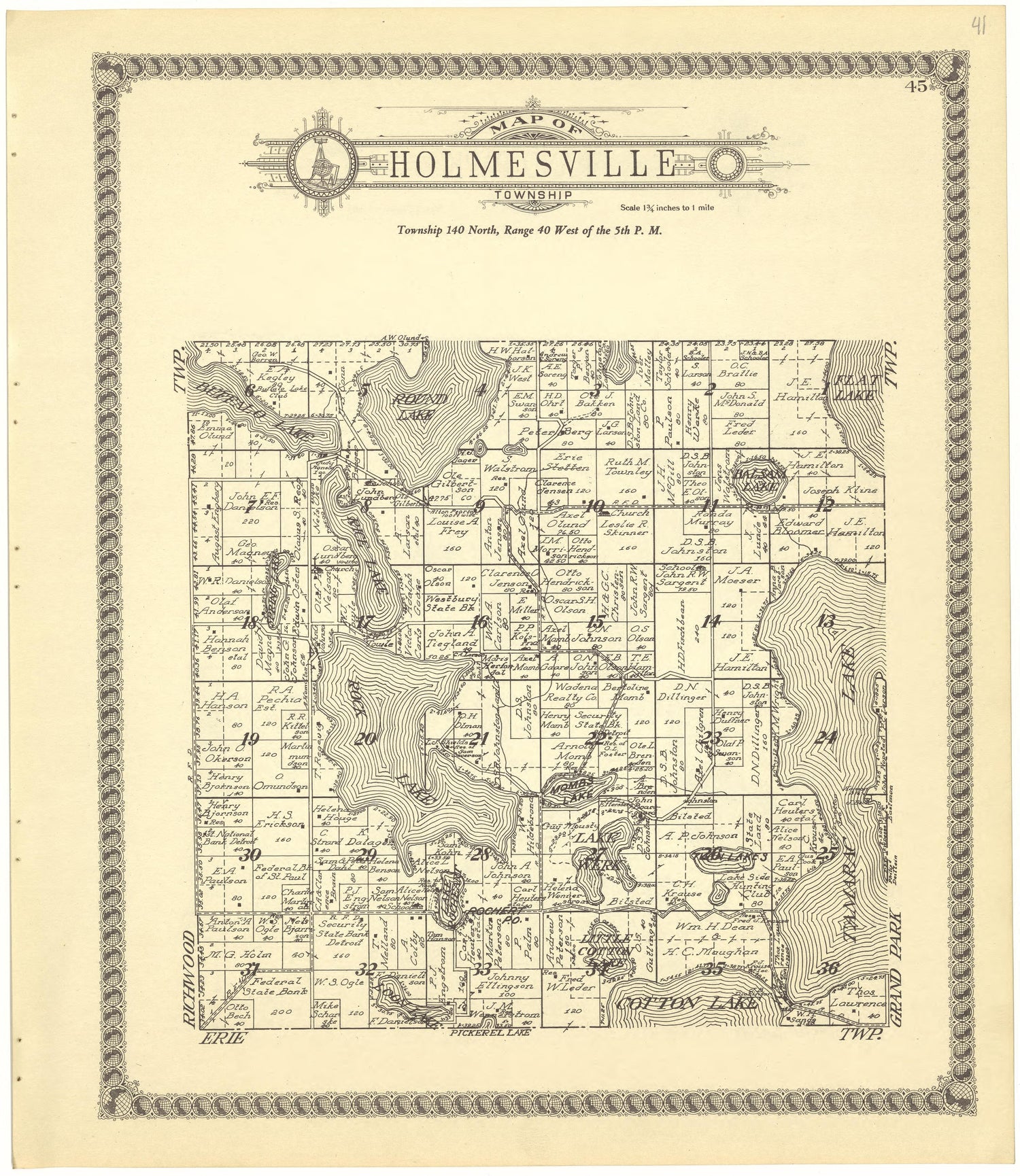 Map of Holmesville Township from Standard Atlas of Becker County, Minnesota : Including a Plat Book of the Villages, Cities and Townships of the County, Map of the State, United States and World : Patrons Directory, Reference … 1929 by Relic Map Company