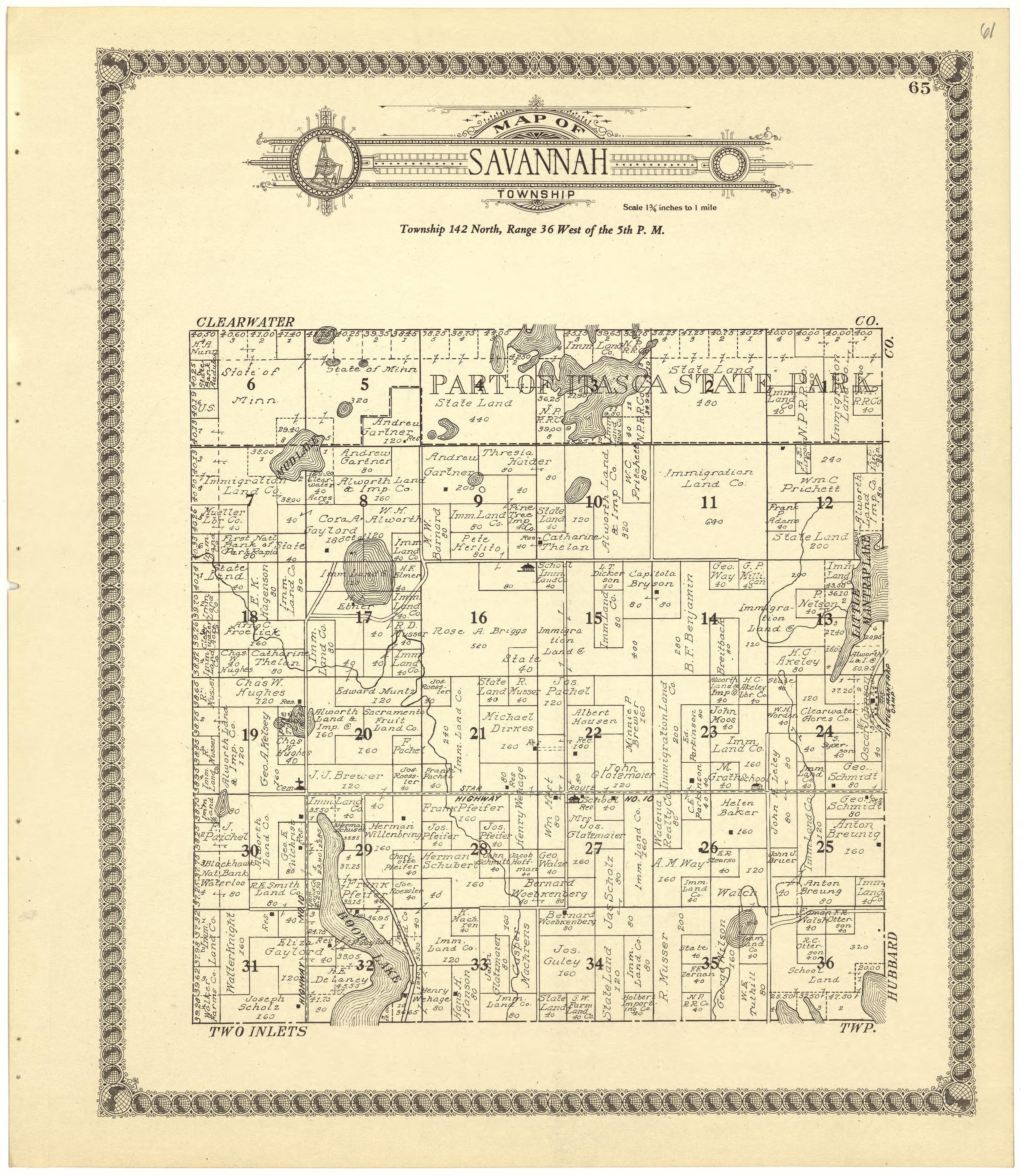 Map of Savannah Township from Standard Atlas of Becker County, Minnesota : Including a Plat Book of the Villages, Cities and Townships of the County, Map of the State, United States and World : Patrons Directory, Reference … 1929 by Relic Map Company