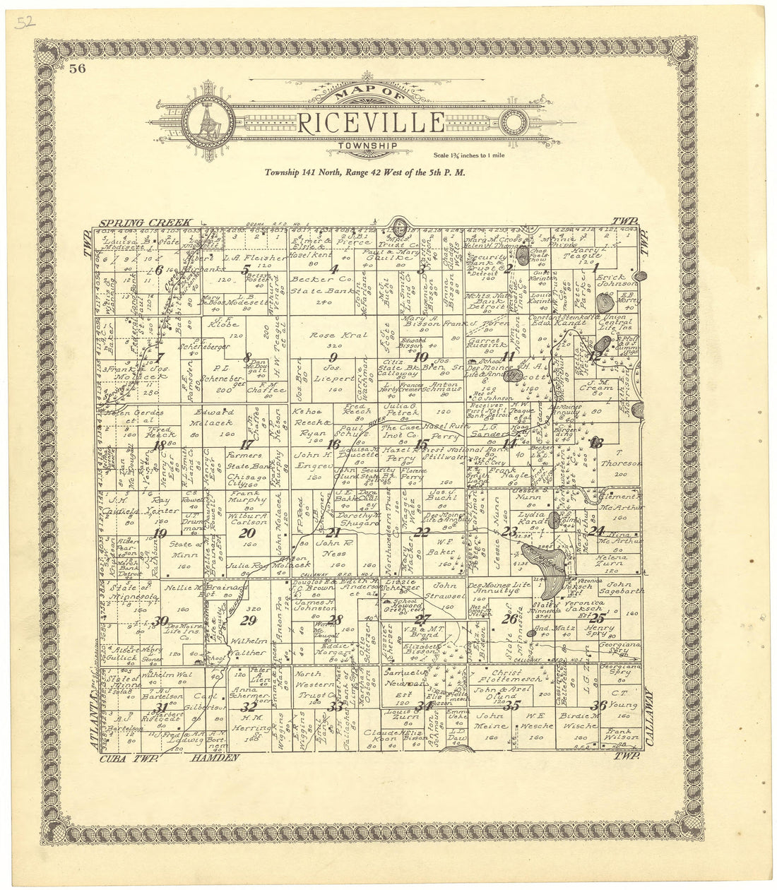 Map of Riceville Township from Standard Atlas of Becker County, Minnesota : Including a Plat Book of the Villages, Cities and Townships of the County, Map of the State, United States and World : Patrons Directory, Reference … 1929 by Relic Map Company