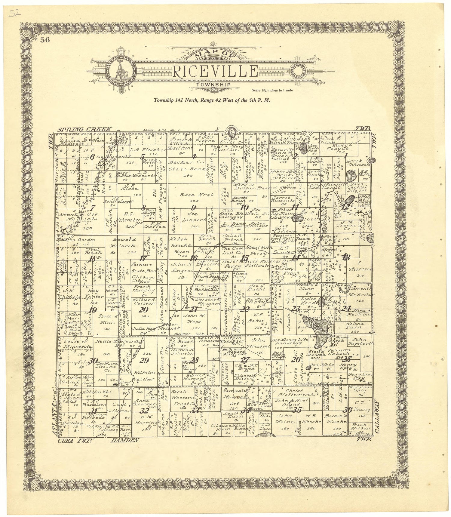 Map of Riceville Township from Standard Atlas of Becker County, Minnesota : Including a Plat Book of the Villages, Cities and Townships of the County, Map of the State, United States and World : Patrons Directory, Reference … 1929 by Relic Map Company