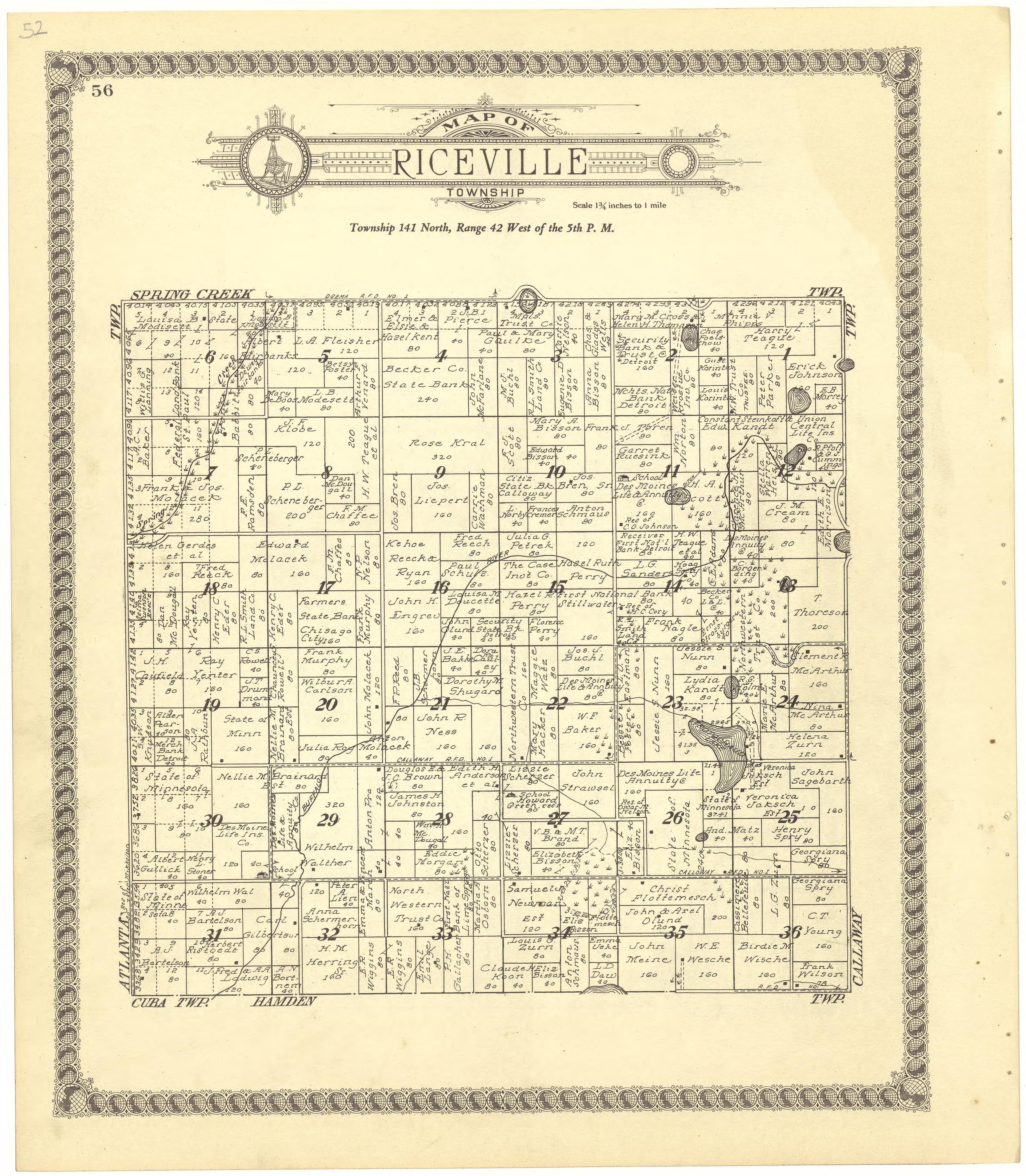 Map of Riceville Township from Standard Atlas of Becker County, Minnesota : Including a Plat Book of the Villages, Cities and Townships of the County, Map of the State, United States and World : Patrons Directory, Reference … 1929 by Relic Map Company