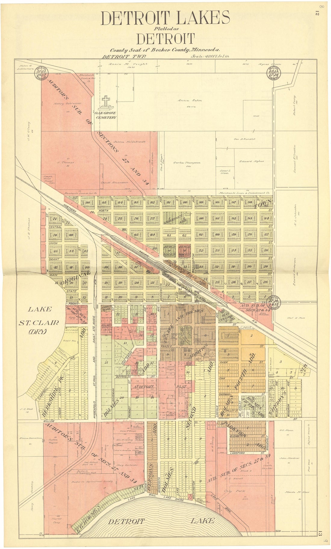 Detroit Lakes Platted As Detroit from Standard Atlas of Becker County, Minnesota : Including a Plat Book of the Villages, Cities and Townships of the County, Map of the State, United States and World : Patrons Directory, Reference … 1929 by Relic Map Company