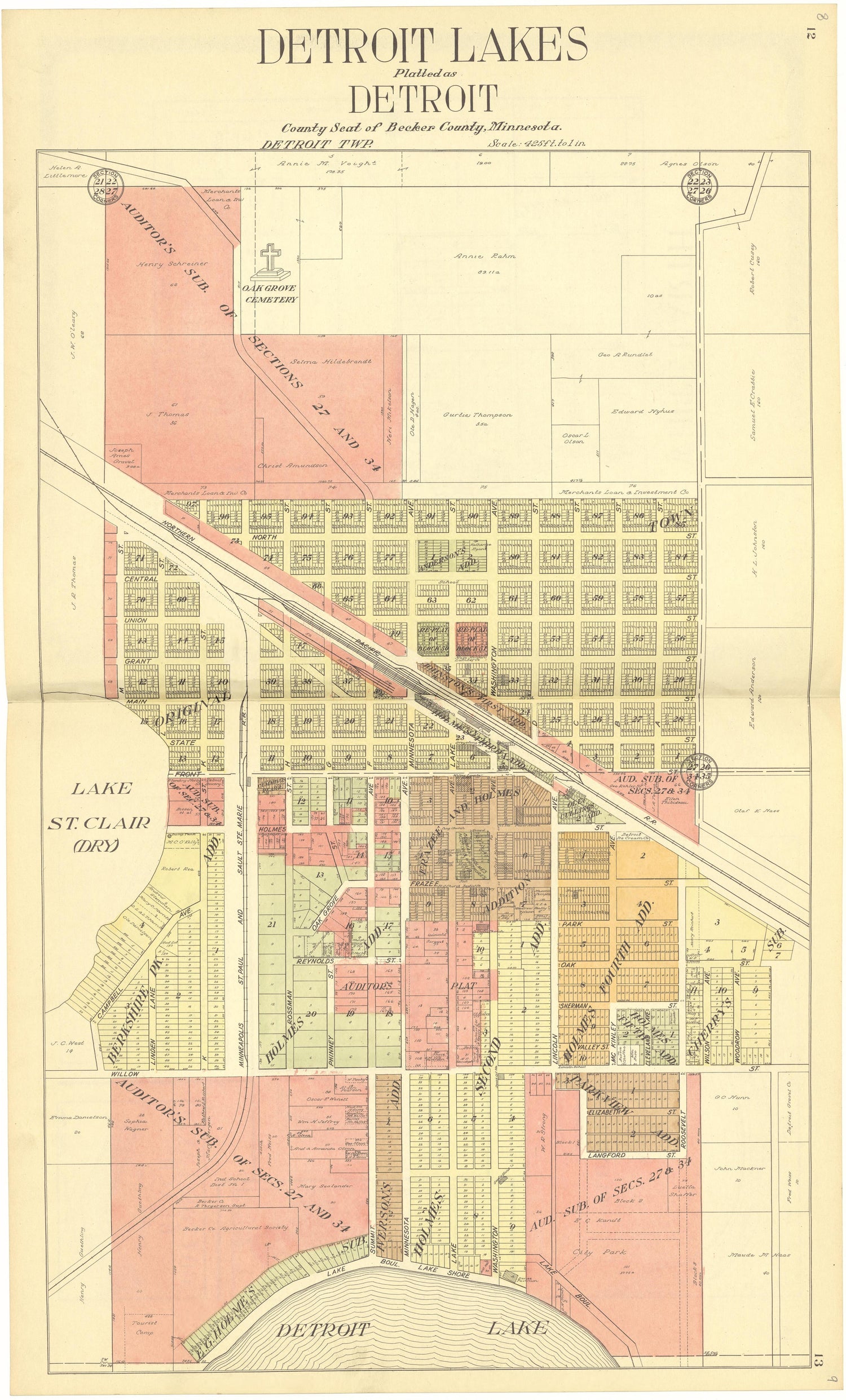 Detroit Lakes Platted As Detroit from Standard Atlas of Becker County, Minnesota : Including a Plat Book of the Villages, Cities and Townships of the County, Map of the State, United States and World : Patrons Directory, Reference … 1929 by Relic Map Company