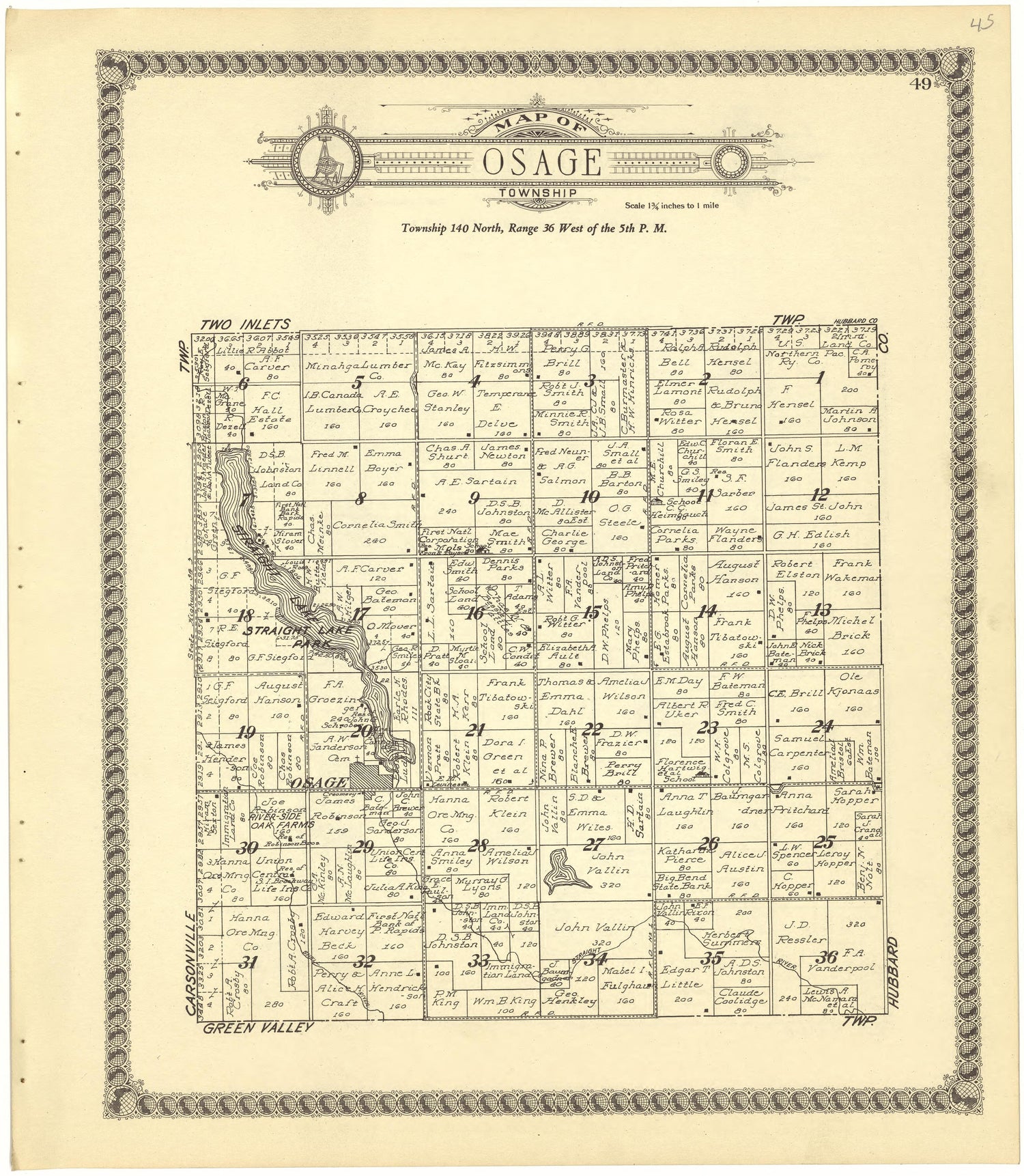 Map of Osage Township from Standard Atlas of Becker County, Minnesota : Including a Plat Book of the Villages, Cities and Townships of the County, Map of the State, United States and World : Patrons Directory, Reference … 1929 by Relic Map Company