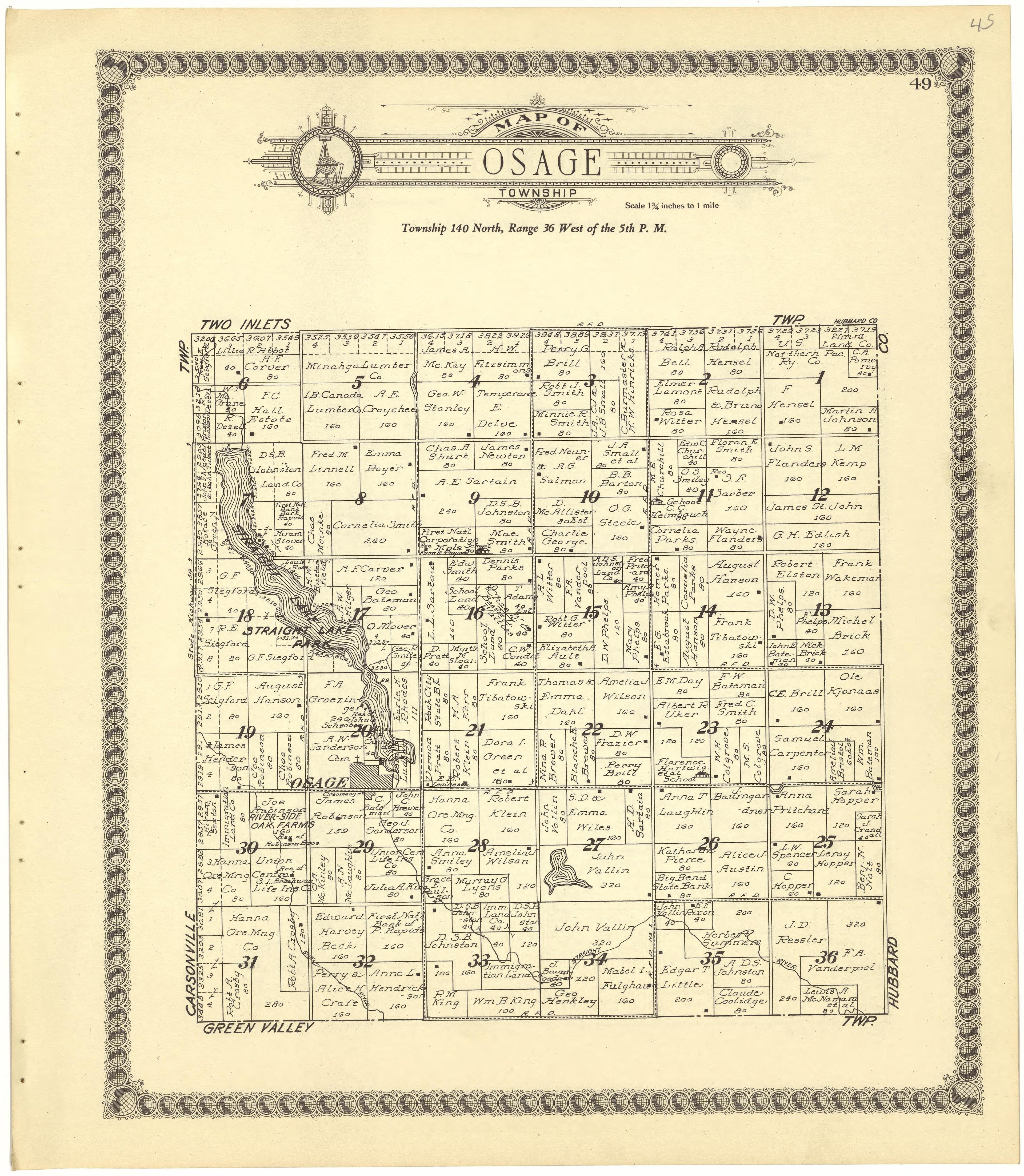 Map of Osage Township from Standard Atlas of Becker County, Minnesota : Including a Plat Book of the Villages, Cities and Townships of the County, Map of the State, United States and World : Patrons Directory, Reference … 1929 by Relic Map Company