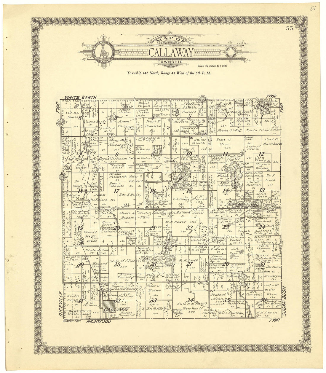 Map of Callaway Township from Standard Atlas of Becker County, Minnesota : Including a Plat Book of the Villages, Cities and Townships of the County, Map of the State, United States and World : Patrons Directory, Reference … 1929 by Relic Map Company