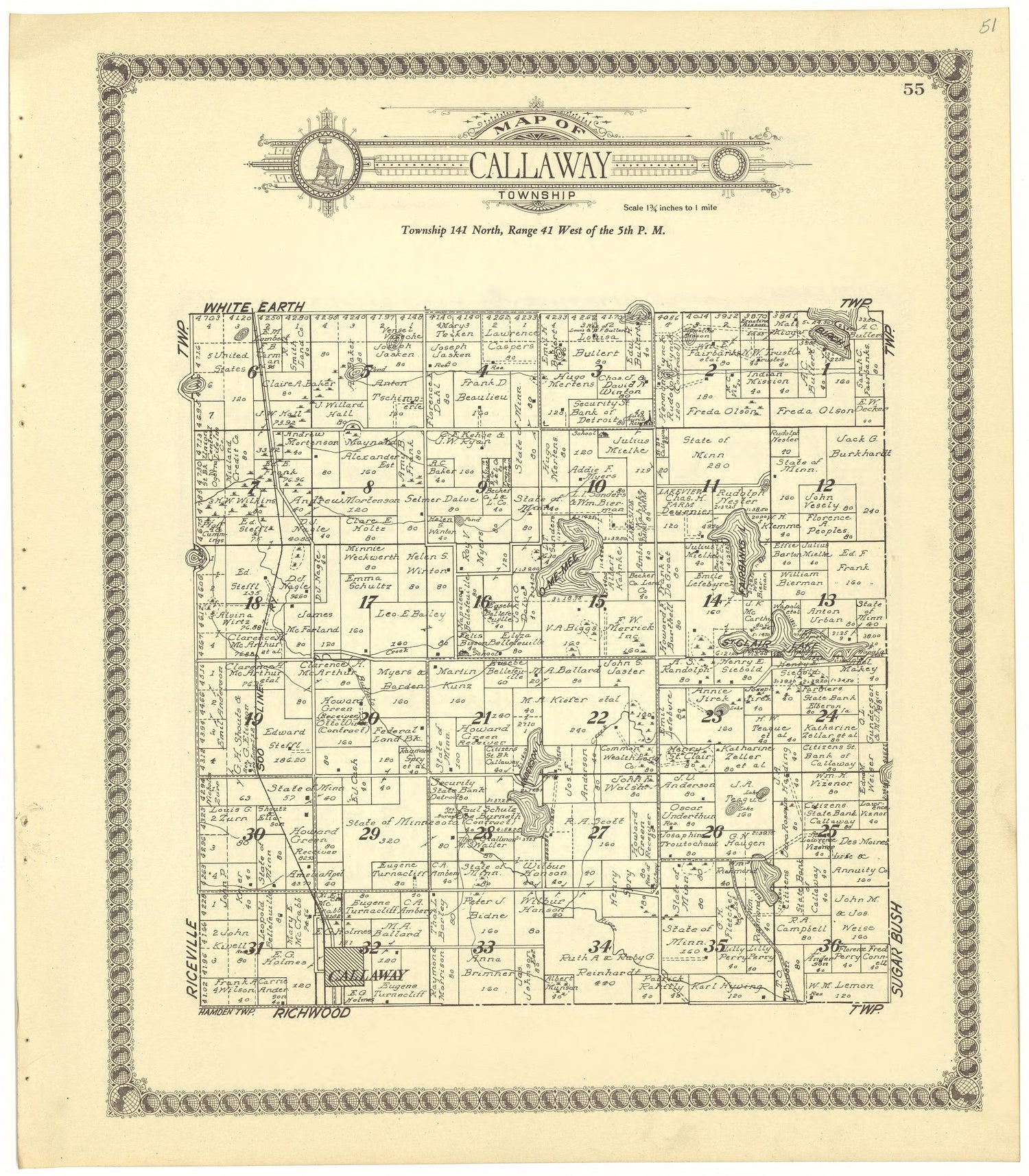 Map of Callaway Township from Standard Atlas of Becker County, Minnesota : Including a Plat Book of the Villages, Cities and Townships of the County, Map of the State, United States and World : Patrons Directory, Reference … 1929 by Relic Map Company