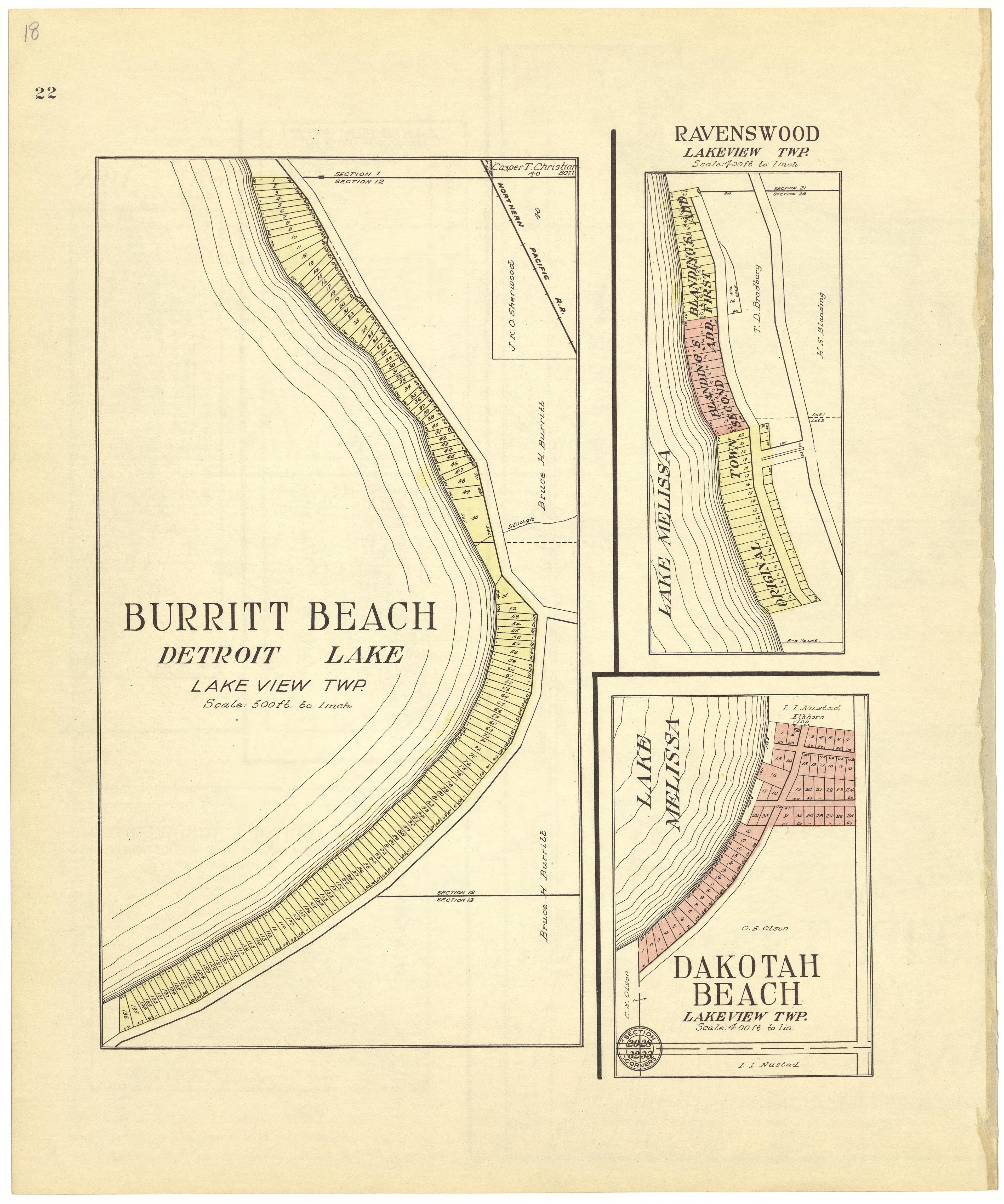 Burritt Beach; Ravenswood; Dakotah Beach from Standard Atlas of Becker County, Minnesota : Including a Plat Book of the Villages, Cities and Townships of the County, Map of the State, United States and World : Patrons Directory, Reference … 1929 by Relic Map Company