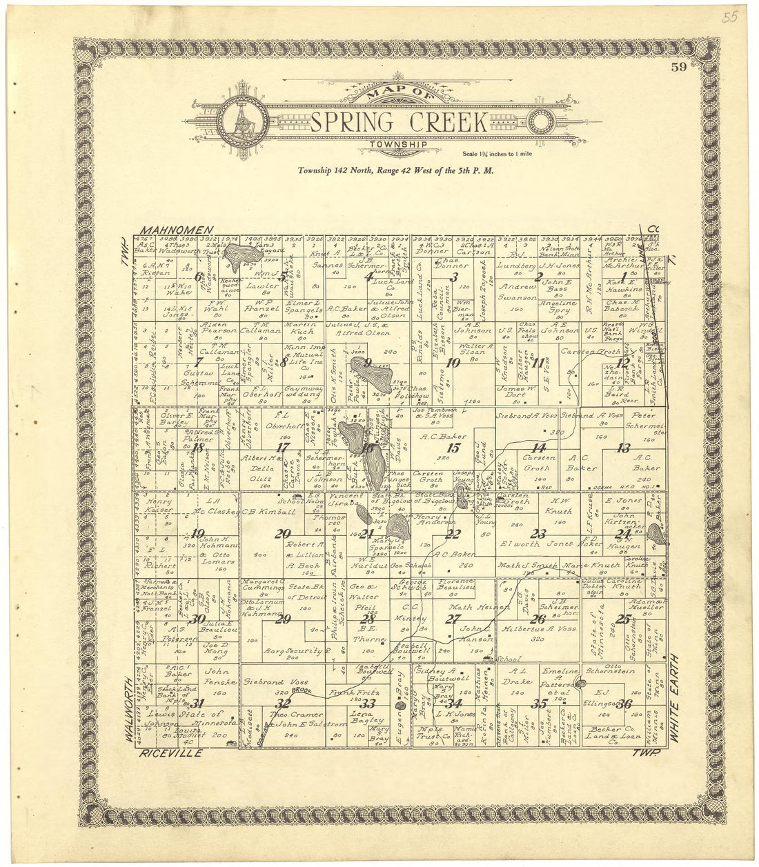 Map of Spring Creek Township from Standard Atlas of Becker County, Minnesota : Including a Plat Book of the Villages, Cities and Townships of the County, Map of the State, United States and World : Patrons Directory, Reference … 1929 by Relic Map Company