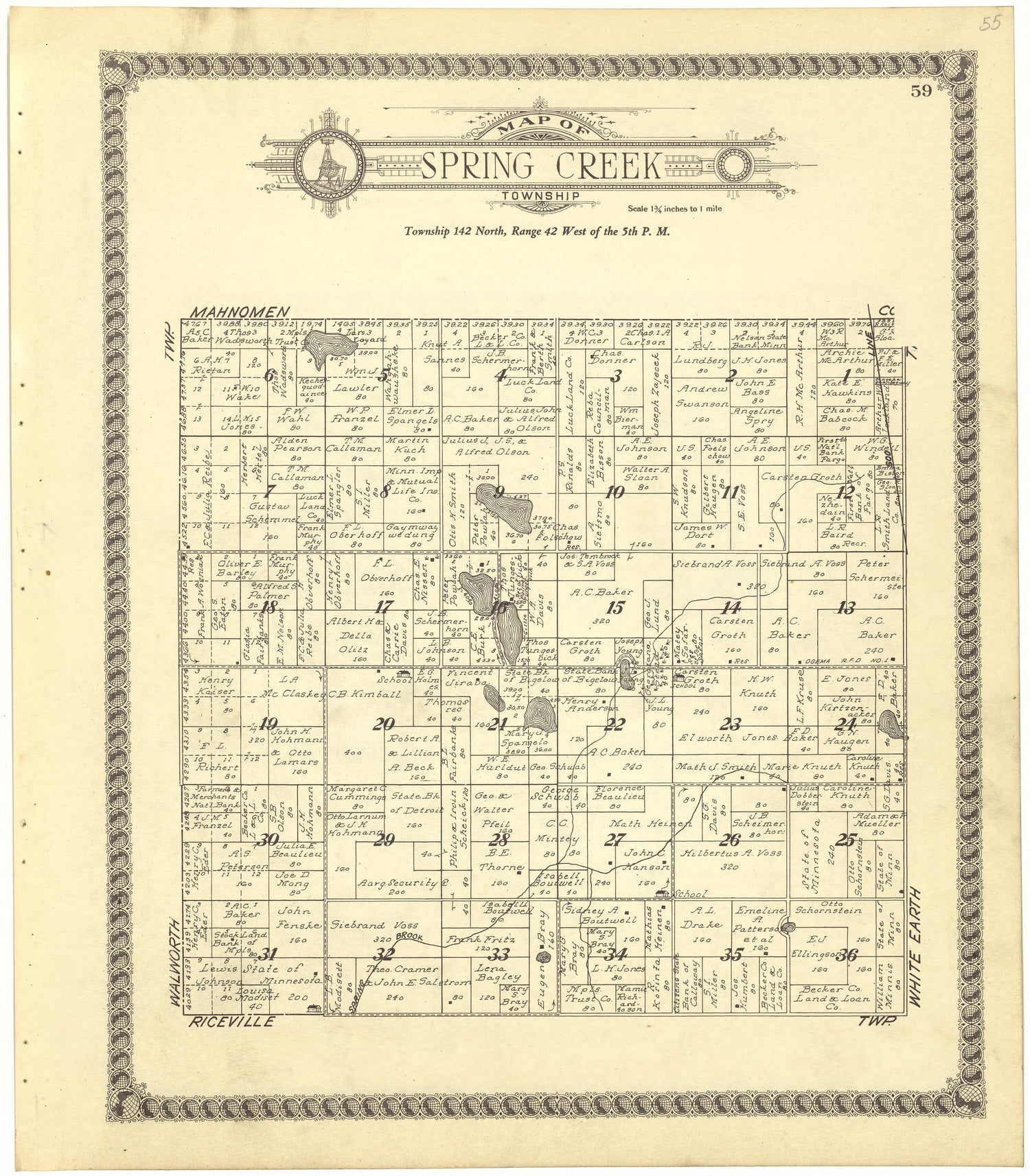 Map of Spring Creek Township from Standard Atlas of Becker County, Minnesota : Including a Plat Book of the Villages, Cities and Townships of the County, Map of the State, United States and World : Patrons Directory, Reference … 1929 by Relic Map Company