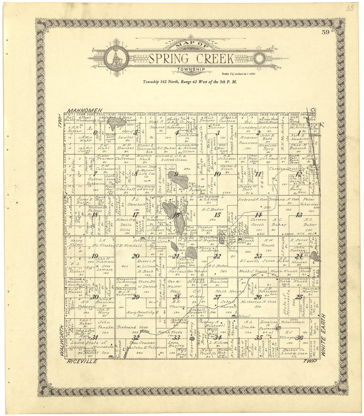 Map of Spring Creek Township from Standard Atlas of Becker County, Minnesota : Including a Plat Book of the Villages, Cities and Townships of the County, Map of the State, United States and World : Patrons Directory, Reference … 1929 by Relic Map Company