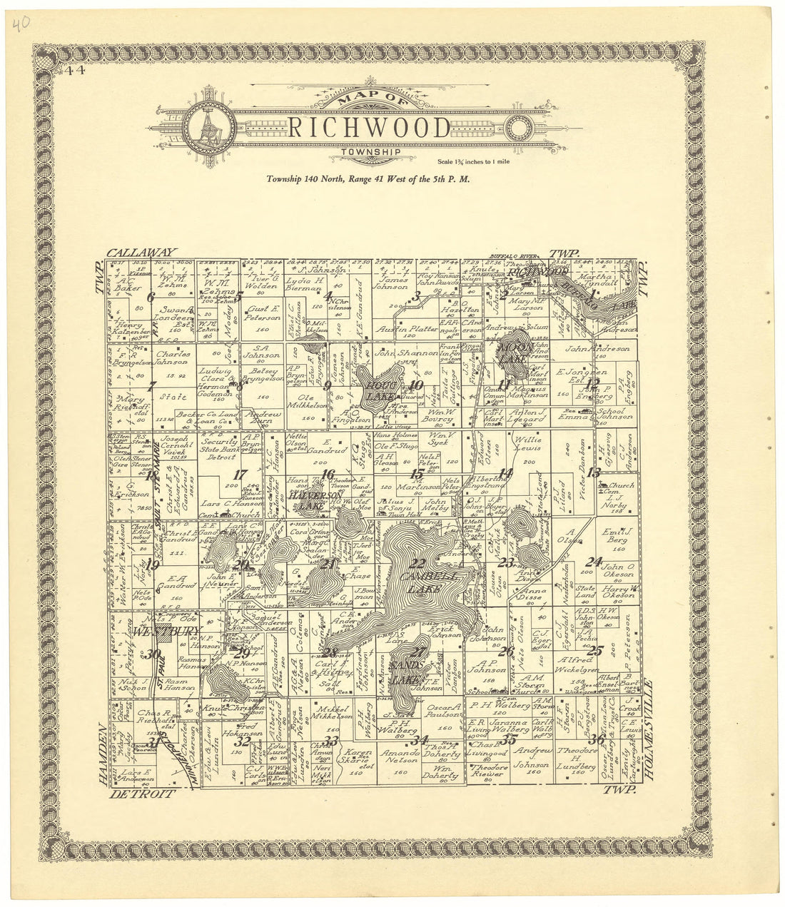 Map of Richwood Township from Standard Atlas of Becker County, Minnesota : Including a Plat Book of the Villages, Cities and Townships of the County, Map of the State, United States and World : Patrons Directory, Reference … 1929 by Relic Map Company