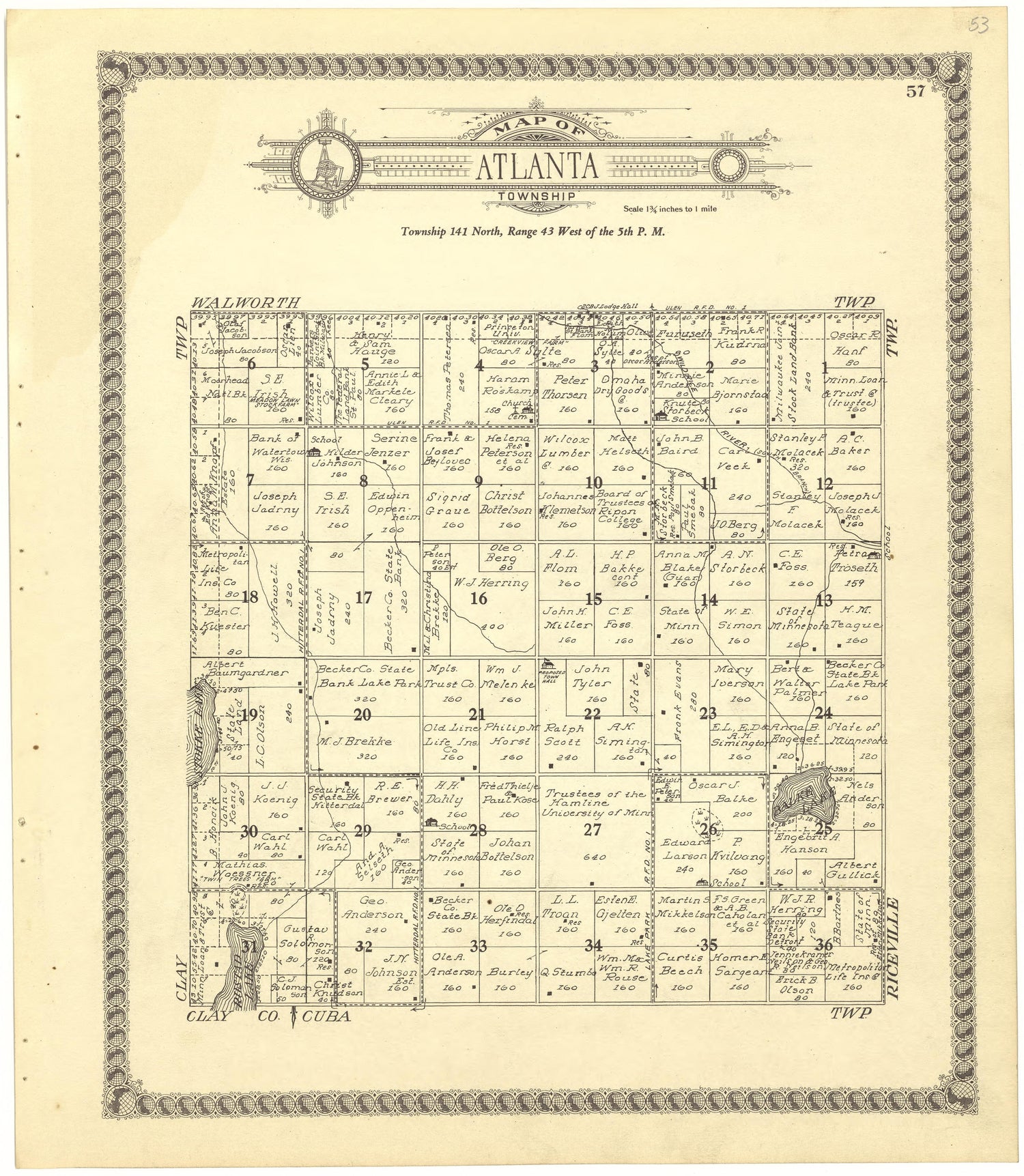 Map of Atlanta Township from Standard Atlas of Becker County, Minnesota : Including a Plat Book of the Villages, Cities and Townships of the County, Map of the State, United States and World : Patrons Directory, Reference … 1929 by Relic Map Company