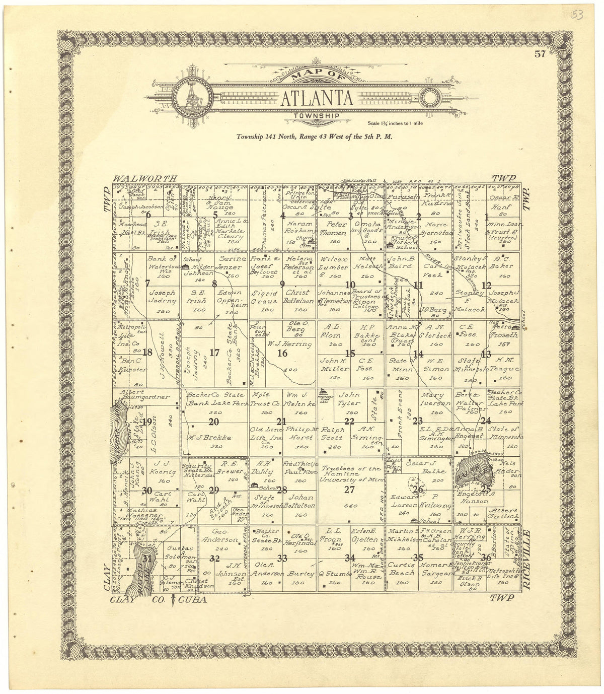 Map of Atlanta Township from Standard Atlas of Becker County, Minnesota : Including a Plat Book of the Villages, Cities and Townships of the County, Map of the State, United States and World : Patrons Directory, Reference … 1929 by Relic Map Company