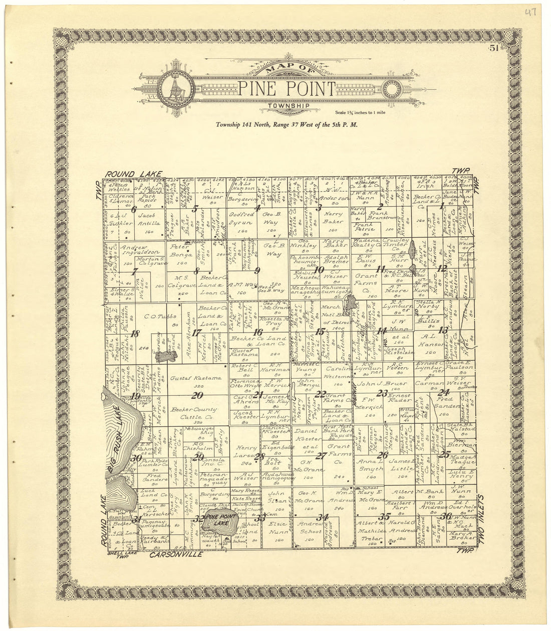 Map of Pine Point Township from Standard Atlas of Becker County, Minnesota : Including a Plat Book of the Villages, Cities and Townships of the County, Map of the State, United States and World : Patrons Directory, Reference … 1929 by Relic Map Company