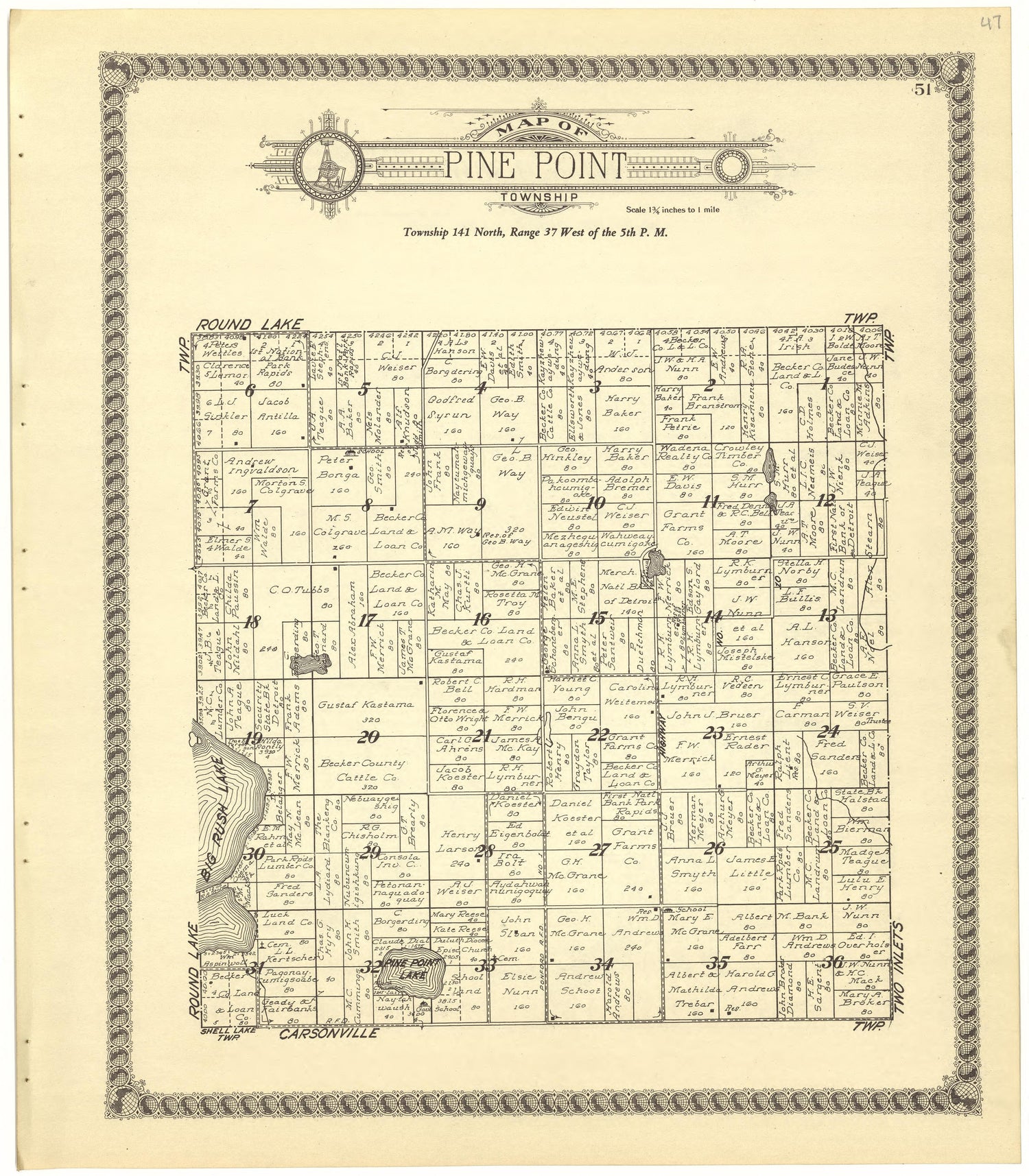Map of Pine Point Township from Standard Atlas of Becker County, Minnesota : Including a Plat Book of the Villages, Cities and Townships of the County, Map of the State, United States and World : Patrons Directory, Reference … 1929 by Relic Map Company