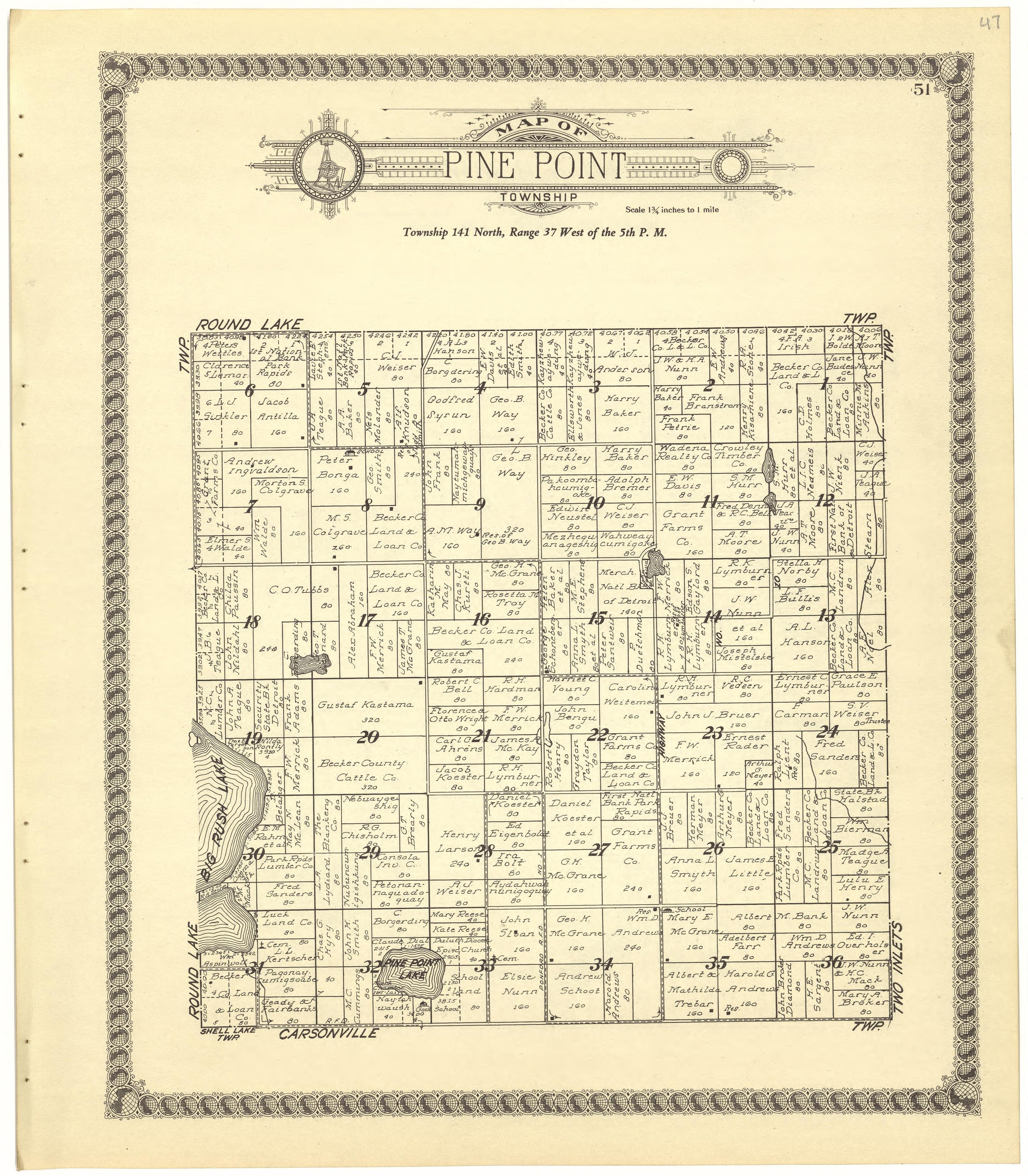Map of Pine Point Township from Standard Atlas of Becker County, Minnesota : Including a Plat Book of the Villages, Cities and Townships of the County, Map of the State, United States and World : Patrons Directory, Reference … 1929 by Relic Map Company
