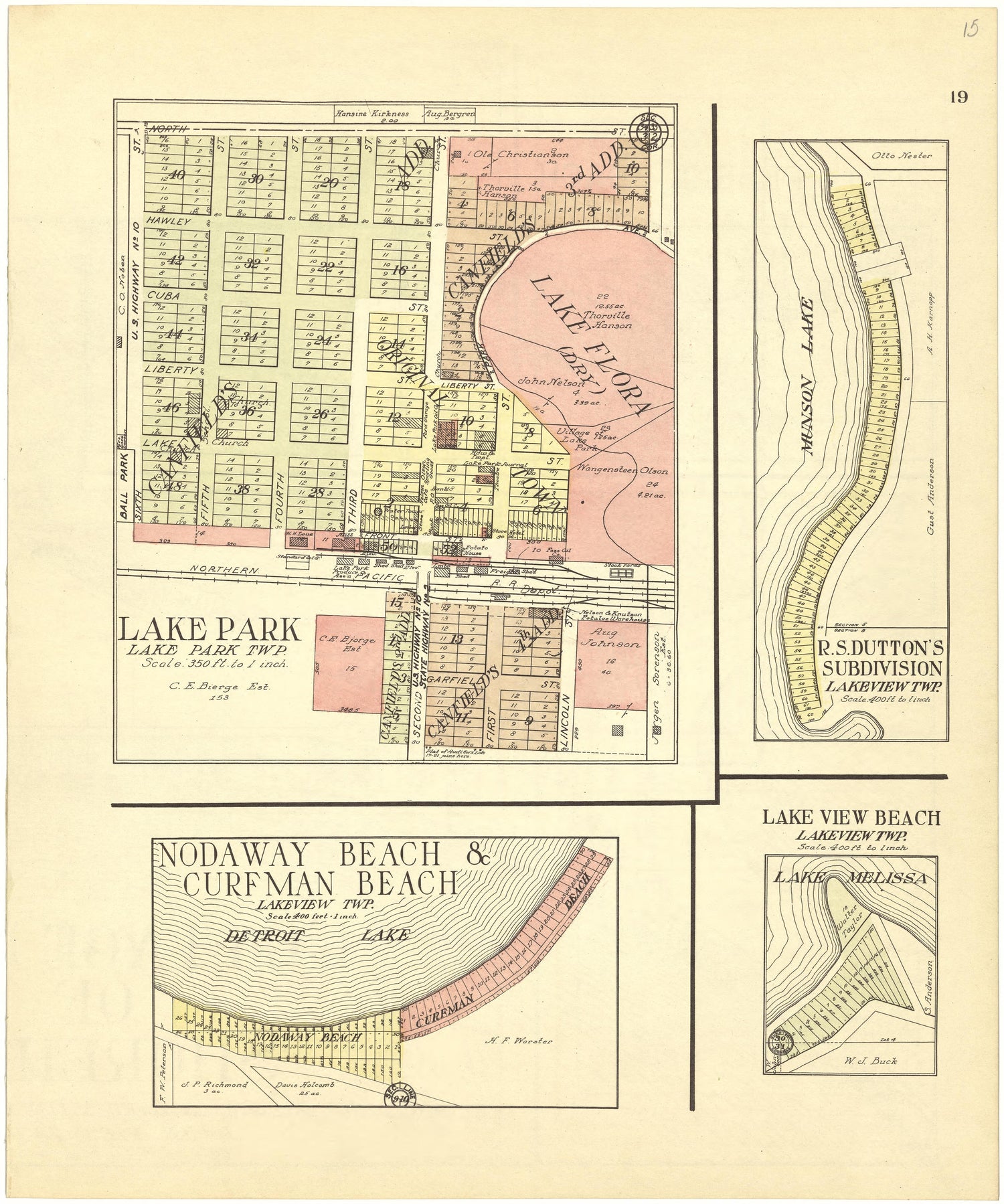 Lake Park; Nodaway Beach &amp; Curfman Beach from Standard Atlas of Becker County, Minnesota : Including a Plat Book of the Villages, Cities and Townships of the County, Map of the State, United States and World : Patrons Directory, Reference … 1929 by Relic Map Company