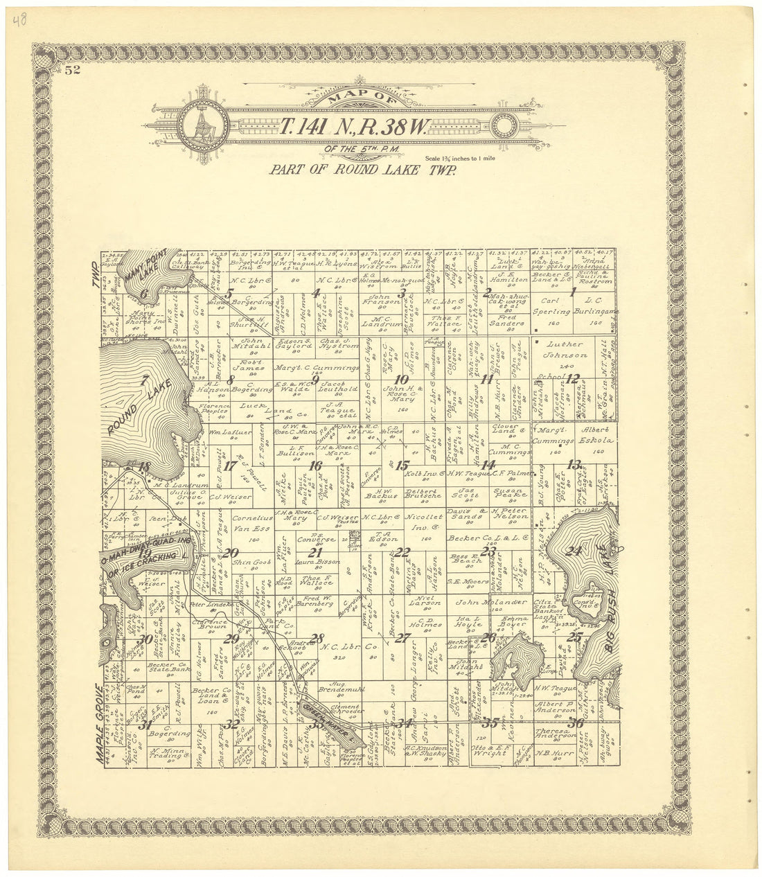 Map of T. 141 N.,R.38W from Standard Atlas of Becker County, Minnesota : Including a Plat Book of the Villages, Cities and Townships of the County, Map of the State, United States and World : Patrons Directory, Reference … 1929 by Relic Map Company