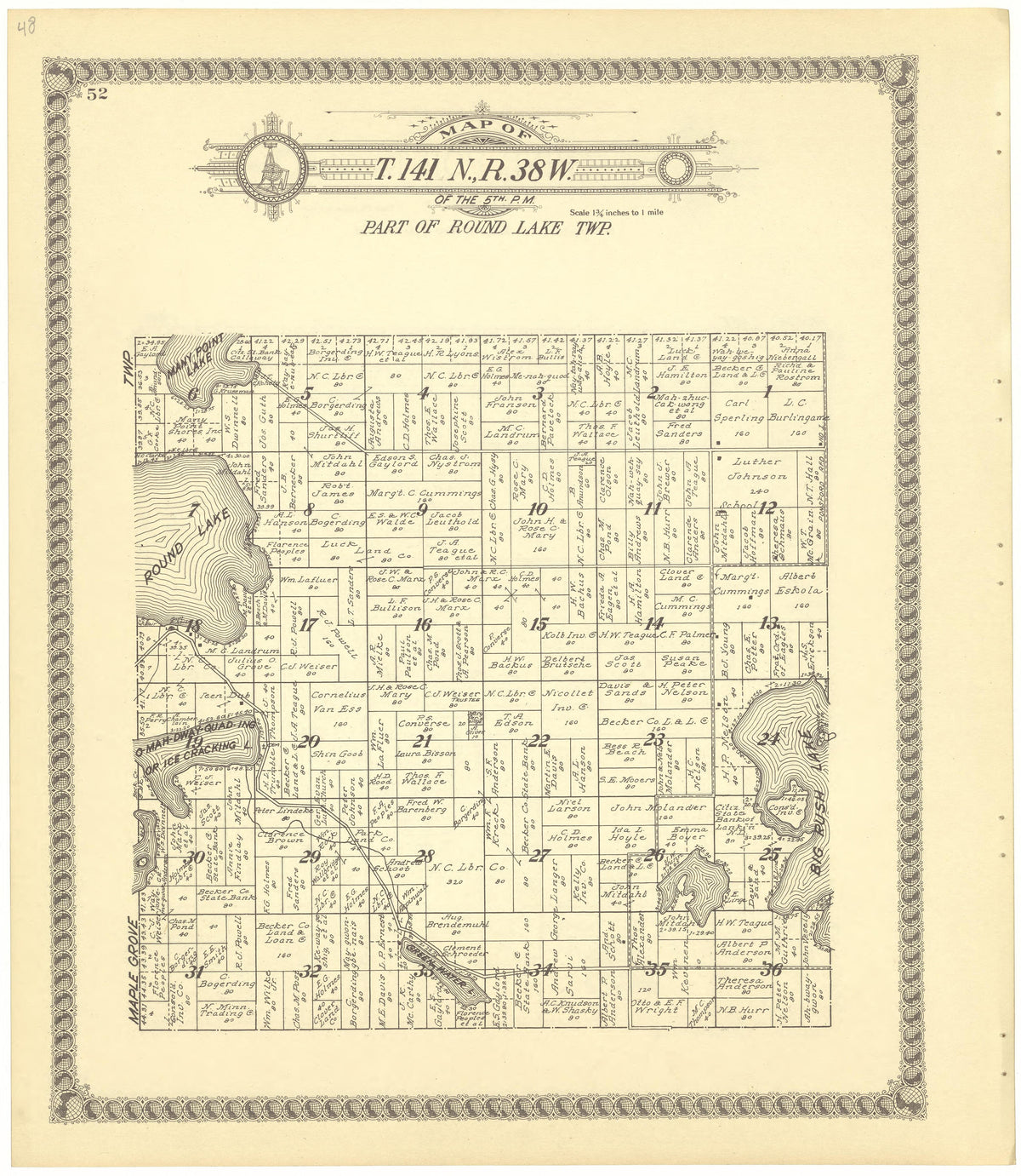 Map of T. 141 N.,R.38W from Standard Atlas of Becker County, Minnesota : Including a Plat Book of the Villages, Cities and Townships of the County, Map of the State, United States and World : Patrons Directory, Reference … 1929 by Relic Map Company