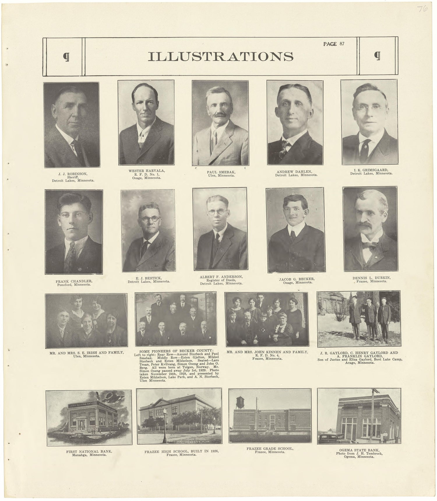 Illustrations from Standard Atlas of Becker County, Minnesota : Including a Plat Book of the Villages, Cities and Townships of the County, Map of the State, United States and World : Patrons Directory, Reference … 1929 by Relic Map Company
