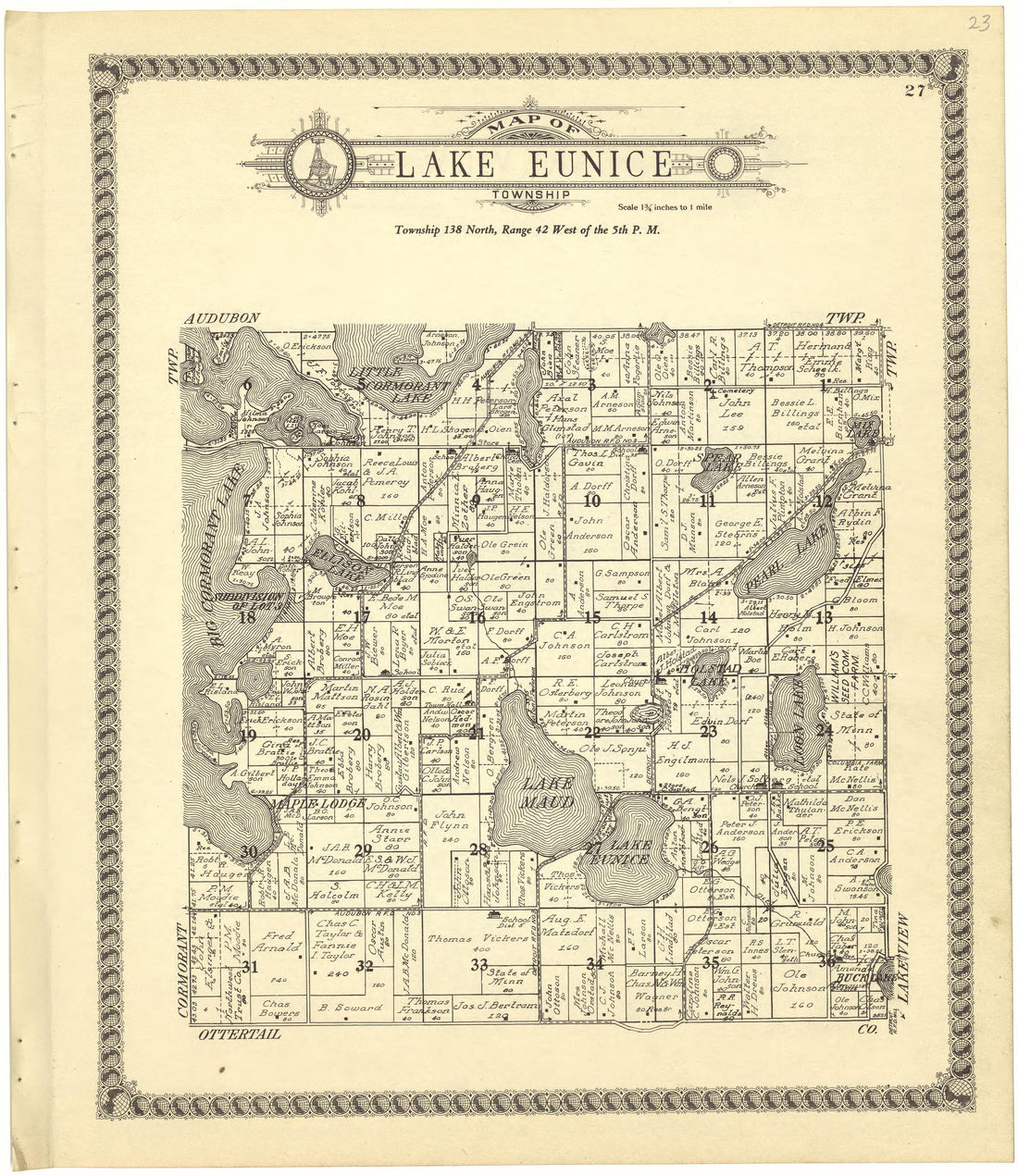Map of Lake Eunice Township from Standard Atlas of Becker County, Minnesota : Including a Plat Book of the Villages, Cities and Townships of the County, Map of the State, United States and World : Patrons Directory, Reference … 1929 by Relic Map Company