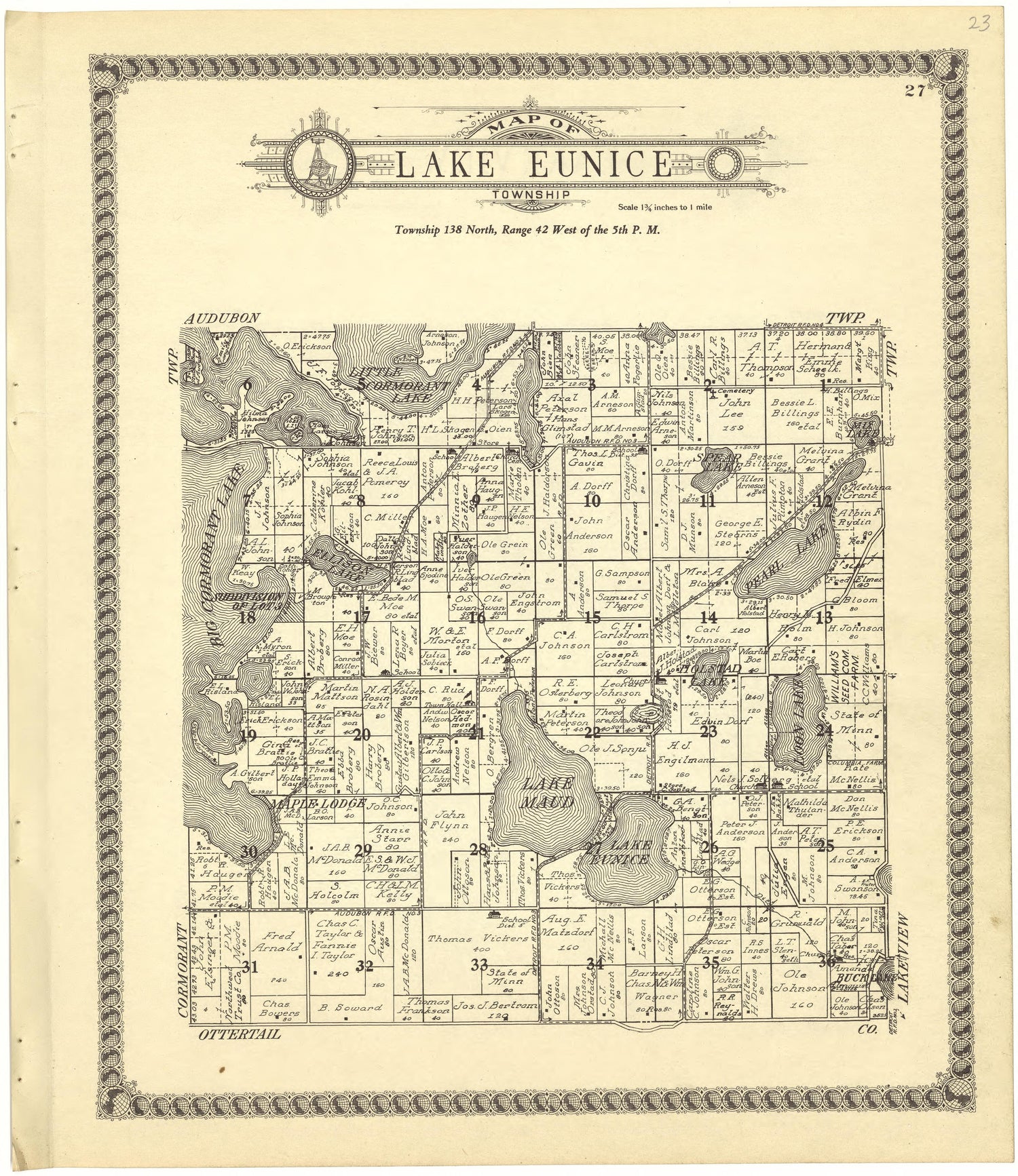 Map of Lake Eunice Township from Standard Atlas of Becker County, Minnesota : Including a Plat Book of the Villages, Cities and Townships of the County, Map of the State, United States and World : Patrons Directory, Reference … 1929 by Relic Map Company