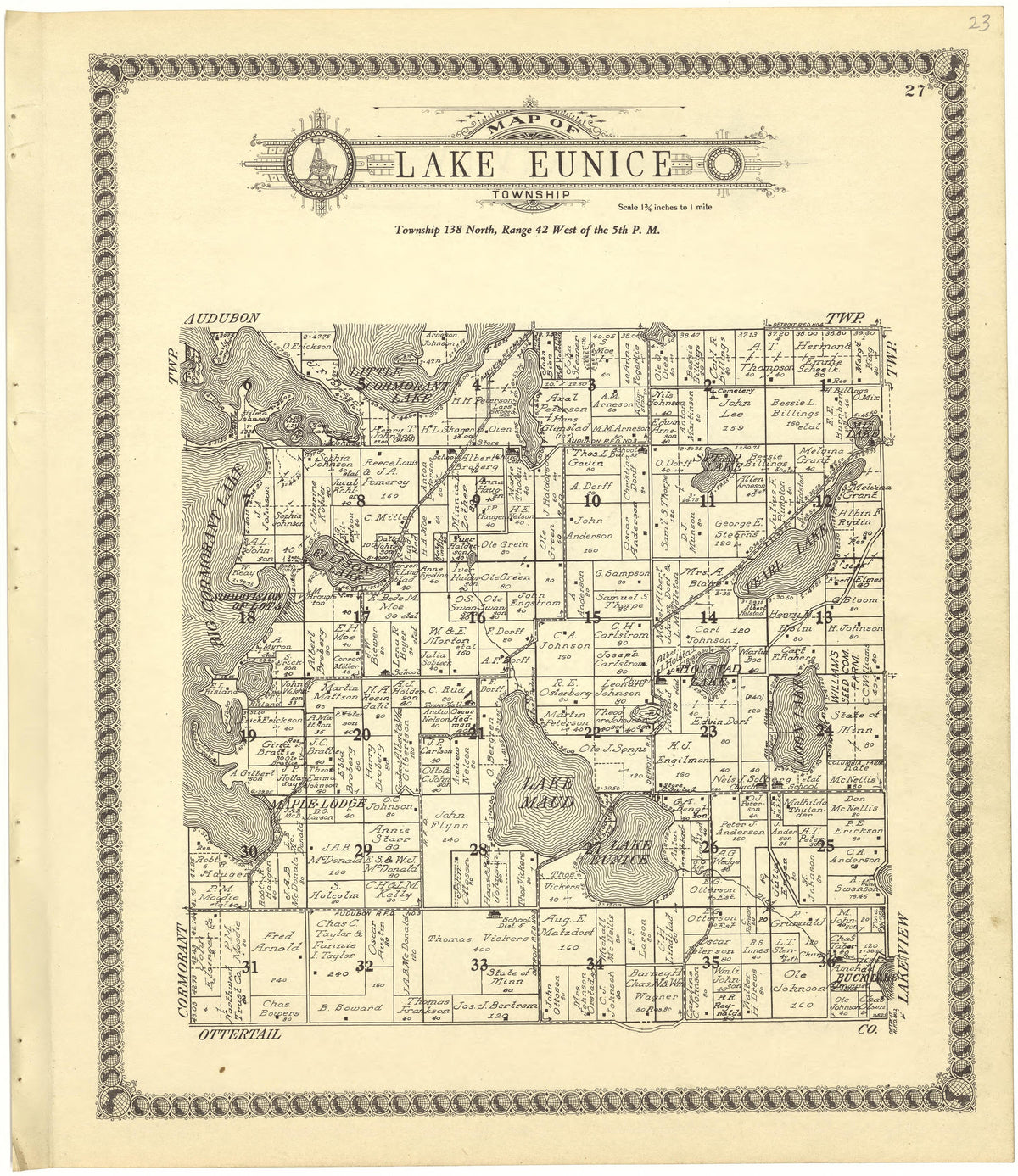 Map of Lake Eunice Township from Standard Atlas of Becker County, Minnesota : Including a Plat Book of the Villages, Cities and Townships of the County, Map of the State, United States and World : Patrons Directory, Reference … 1929 by Relic Map Company