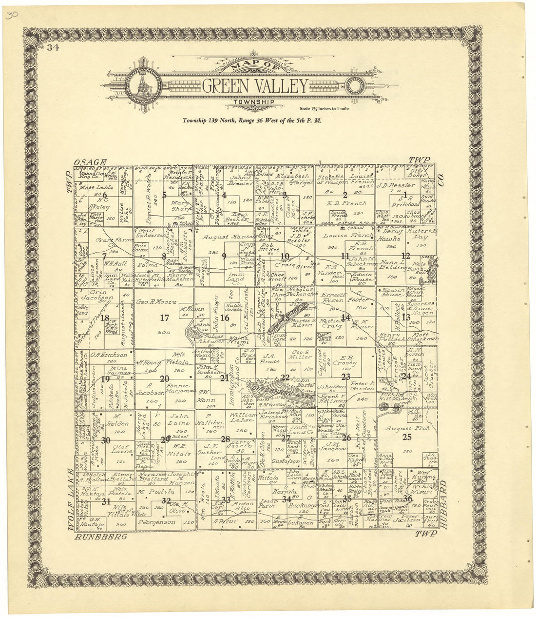Map of Green Valley Township from Standard Atlas of Becker County, Minnesota : Including a Plat Book of the Villages, Cities and Townships of the County, Map of the State, United States and World : Patrons Directory, Reference … 1929 by Relic Map Company
